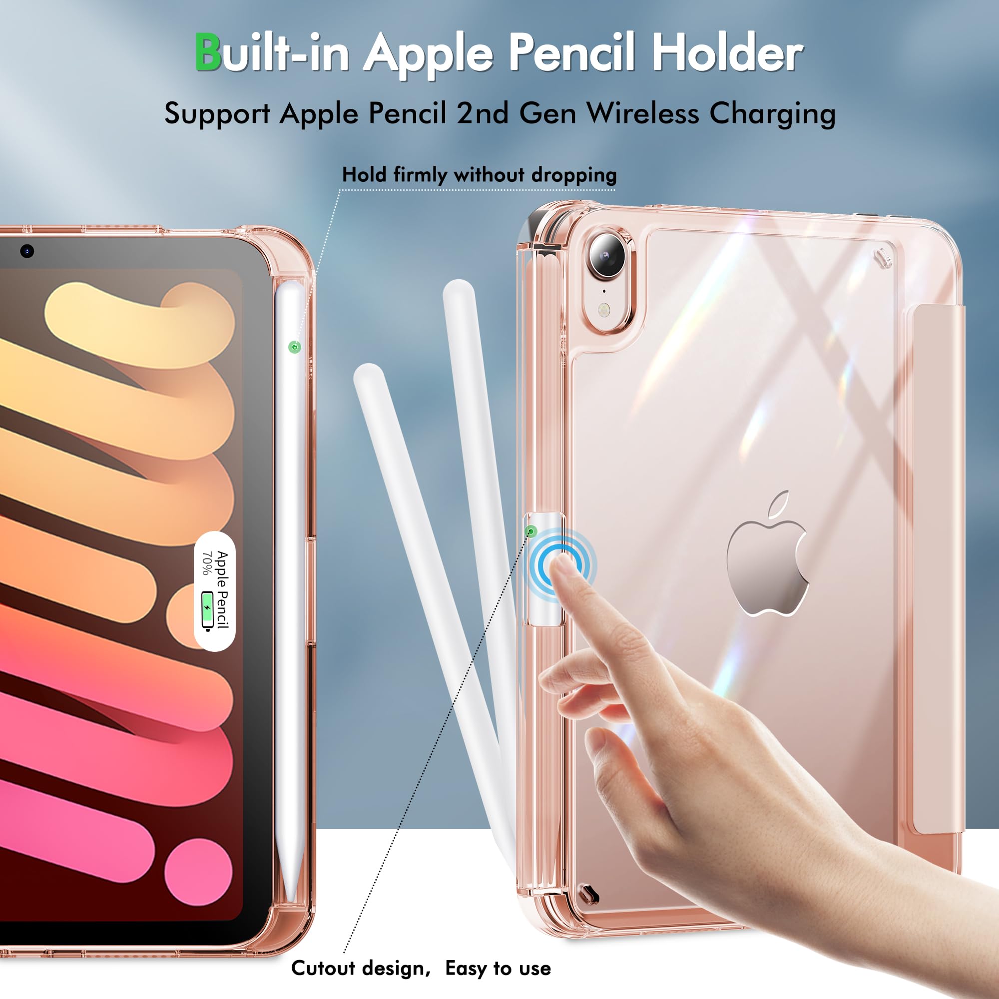 INFILAND Clear Back PU Leather Case for iPad Mini 7th/6th Generation (2024/2021 Model) - 8.3 Inch Protective Cover with Pencil Holder & Wireless Charging Support | Rose Gold | Perfect for Work, Travel & Everyday Use