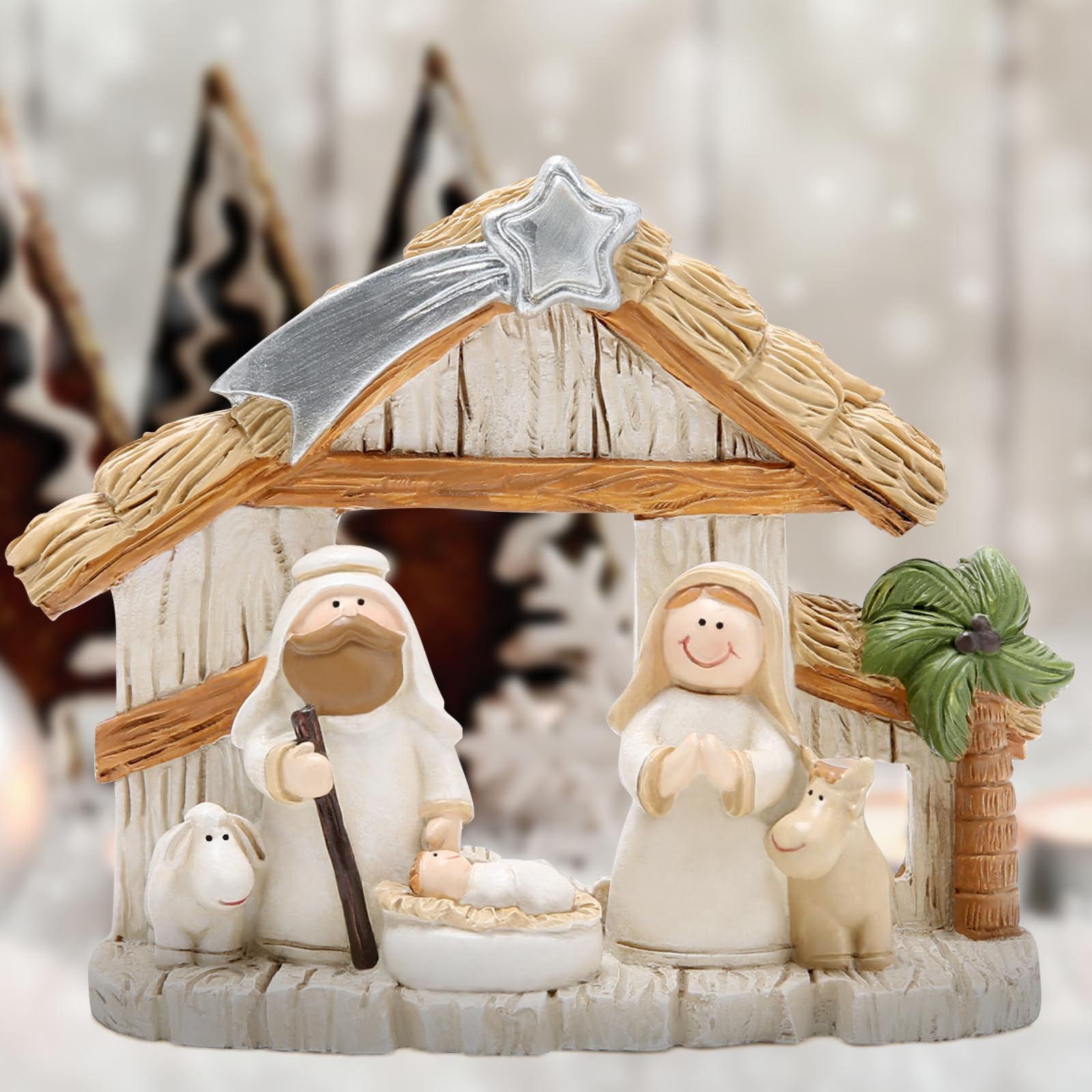 Nativity Scene Christmas Decorations - 3.75''H x 4.7''L Apricot Nativity Set for Tabletop, Fireplace, Office & Home Holiday Decor - Perfect for Christmas Parties, Indoor Decor & Festive Gift Giving