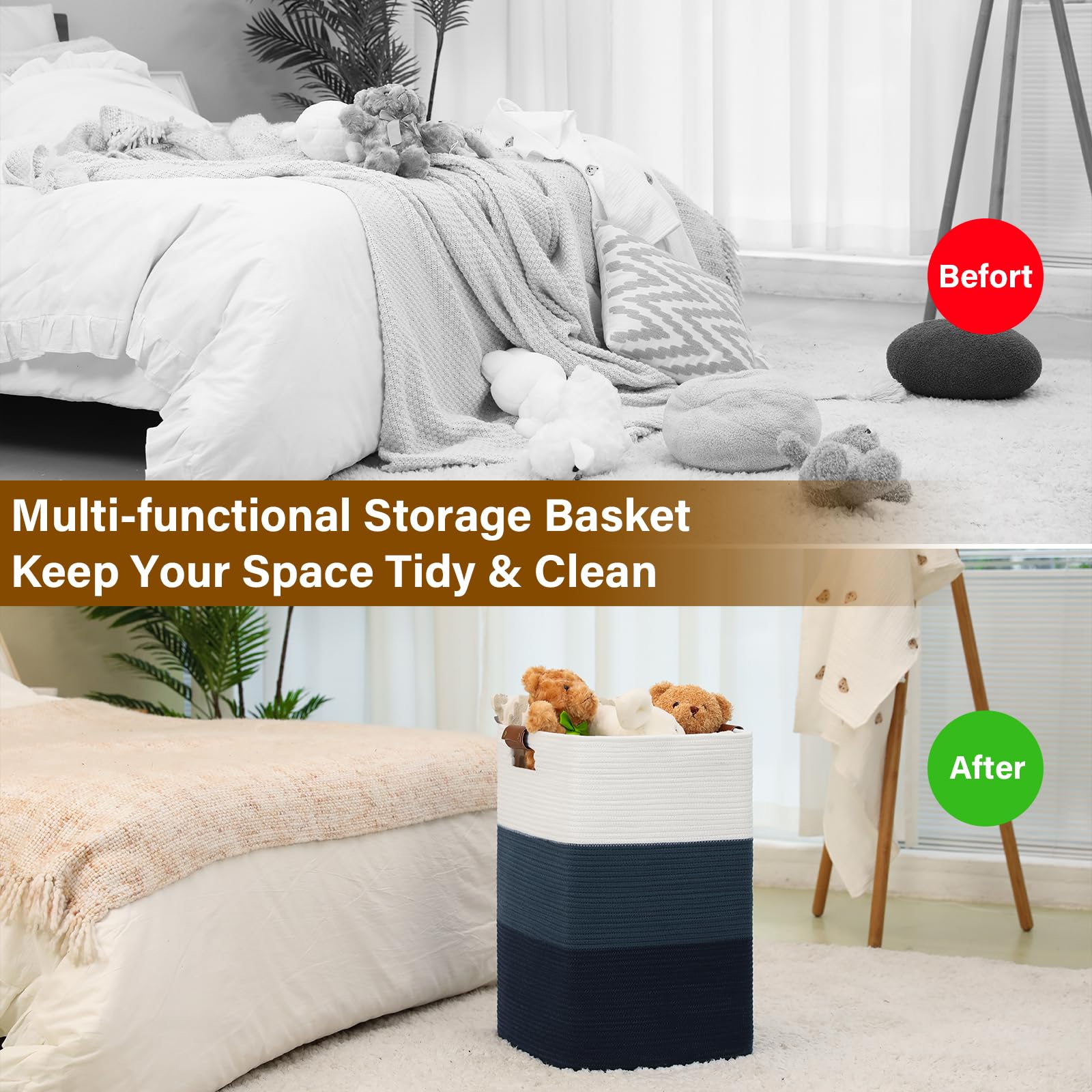 Extra Large 96L Laundry Hamper Basket - Woven Cotton Storage Bin with Handles for Blankets, Pillows & Clothes - Gradient Blue | Perfect for Living Room, Bedroom & Laundry Organization