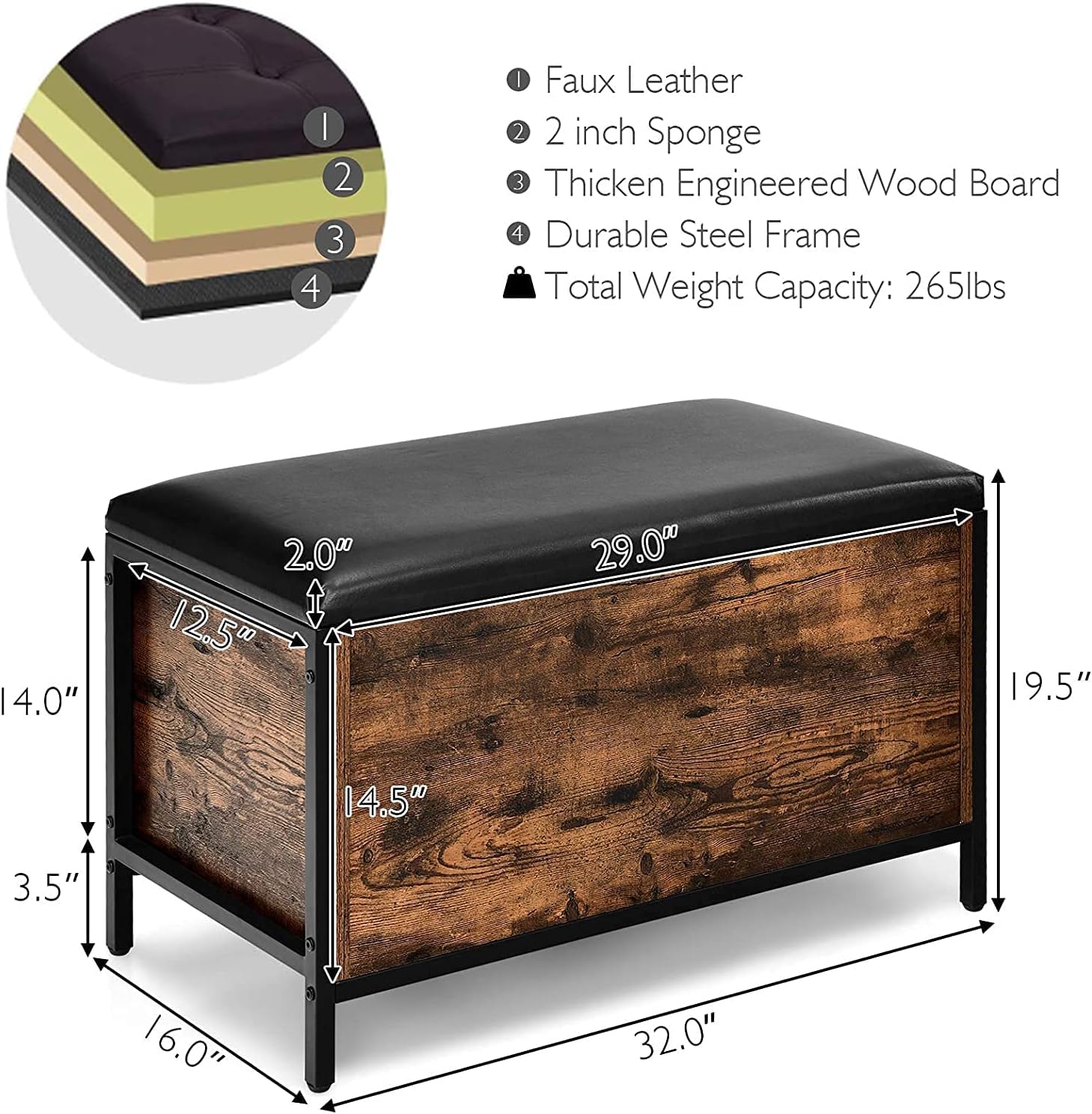 Industrial Style GLACER Entryway Storage Bench with Padded Seat - 32 x 16 x 19.5 Inches - Multi-Functional Storage Chest for Bedroom, Living Room, Hallway - Perfect for Organizing Shoes, Blankets & Home Decor