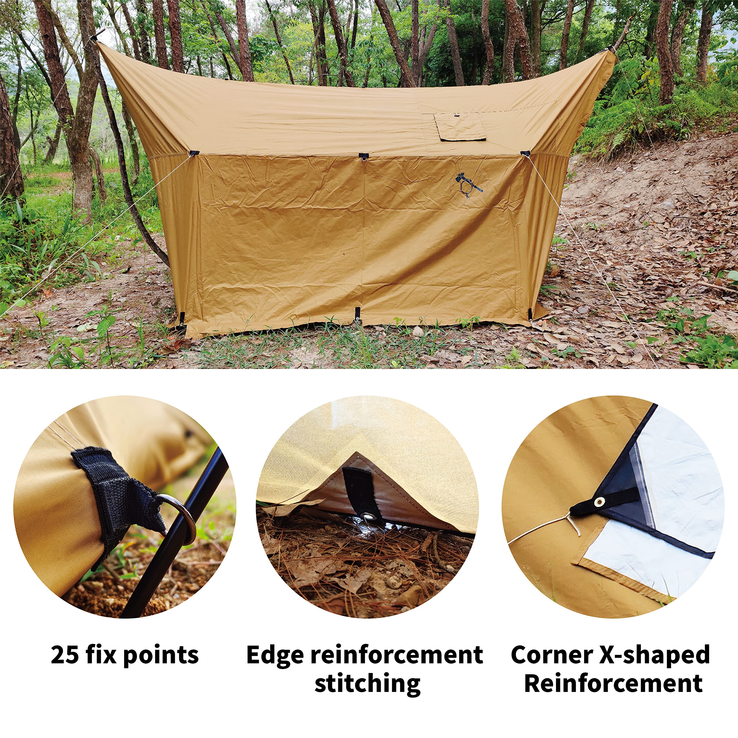 141INCH Waterproof 210D Oxford Tarp - Heavy Duty Camping Shelter with Stove Jack for Bushcraft, Hammock Camping, Backpacking & Outdoor Adventures