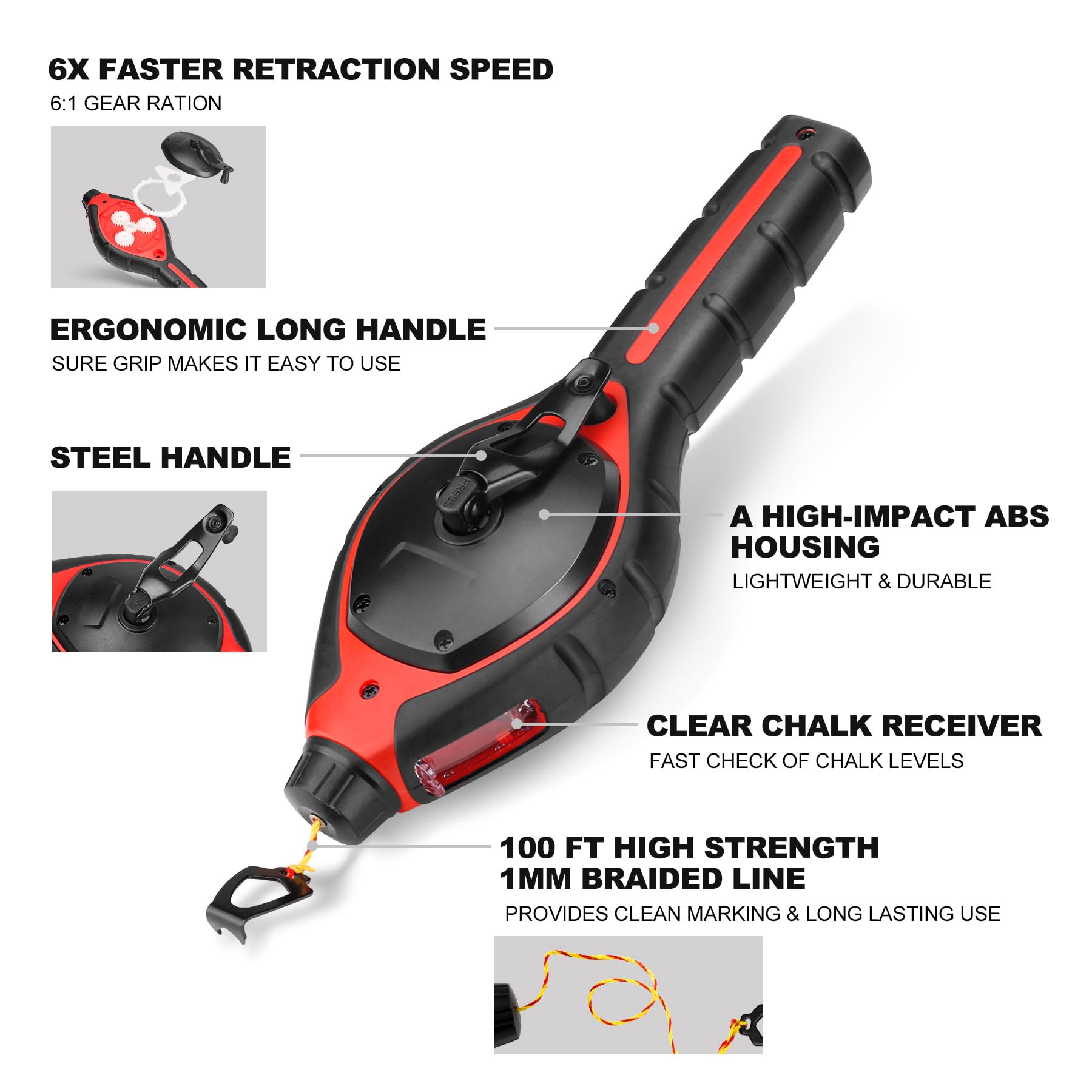 HAUTMEC Pro Chalk Line Reel - 30m/100ft Heavy Duty Chalk Box with 6:1 Gear Ratio & Quick Release Handle - Perfect for Construction Layout, Carpentry, Masonry and DIY Projects