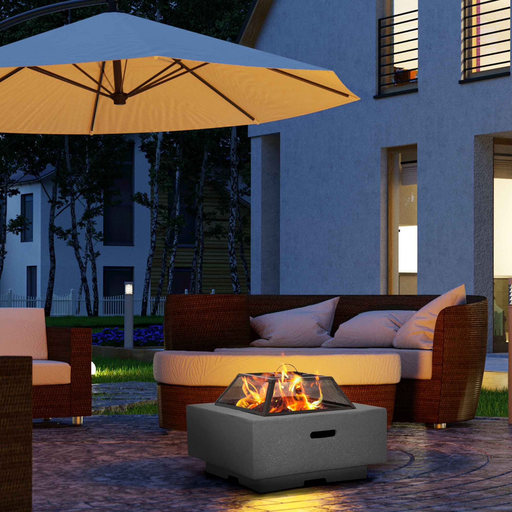 Dark Grey Square MgO Fire Pit with BBQ Grill, Safety Mesh Screen & Fire Poker - Outdoor Camping, Backyard Bonfire, Patio Heating & Grilling