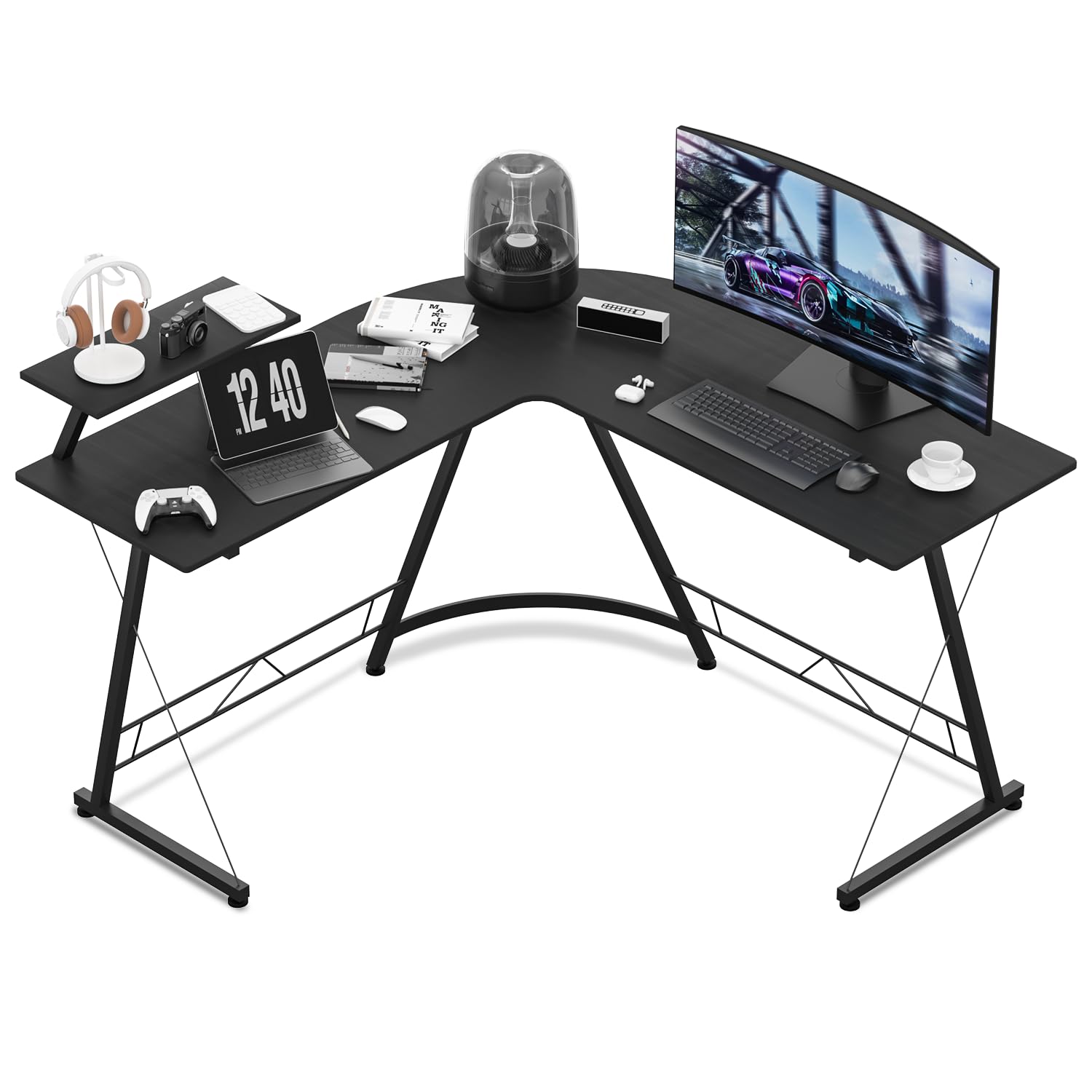 MoNiBloom L-Shaped Gaming Desk with Metal Frame - Corner Computer Desk for Home Office, Study & Gaming - Space-Saving L-Shaped Workstation (Black) | Perfect for Small Rooms, Streaming Setup & Multi-Monitor Gaming Stations