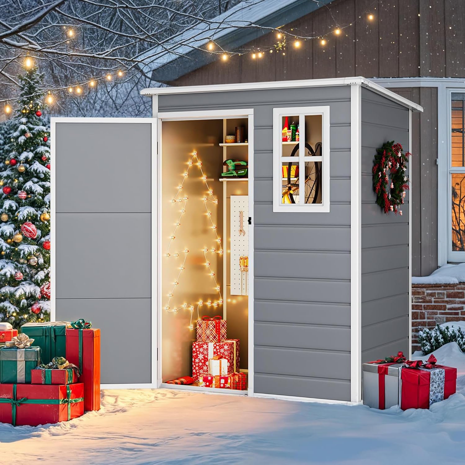 DWVO 5x3ft Waterproof Resin Outdoor Storage Shed with Floor & Lockable Door - Heavy Duty Plastic Garden Shed with Window for Backyard, Patio, Lawn Tool Organization (Gray) - Perfect for Storing Lawn Mowers, Gardening Tools & Outdoor Equipment