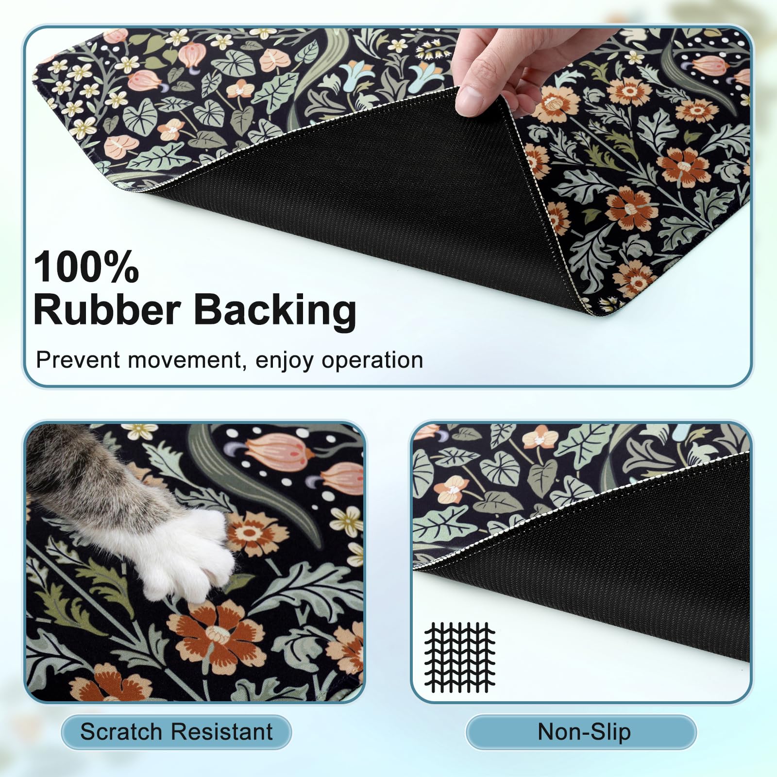 HAOCOO XXL Non-Slip Desk Mat with Stitched Edge - Extra Large Keyboard and Mouse Pad for Office & Gaming, Floral Design (Black) - Perfect for Workstations, Home Offices, and PC Gaming Setups