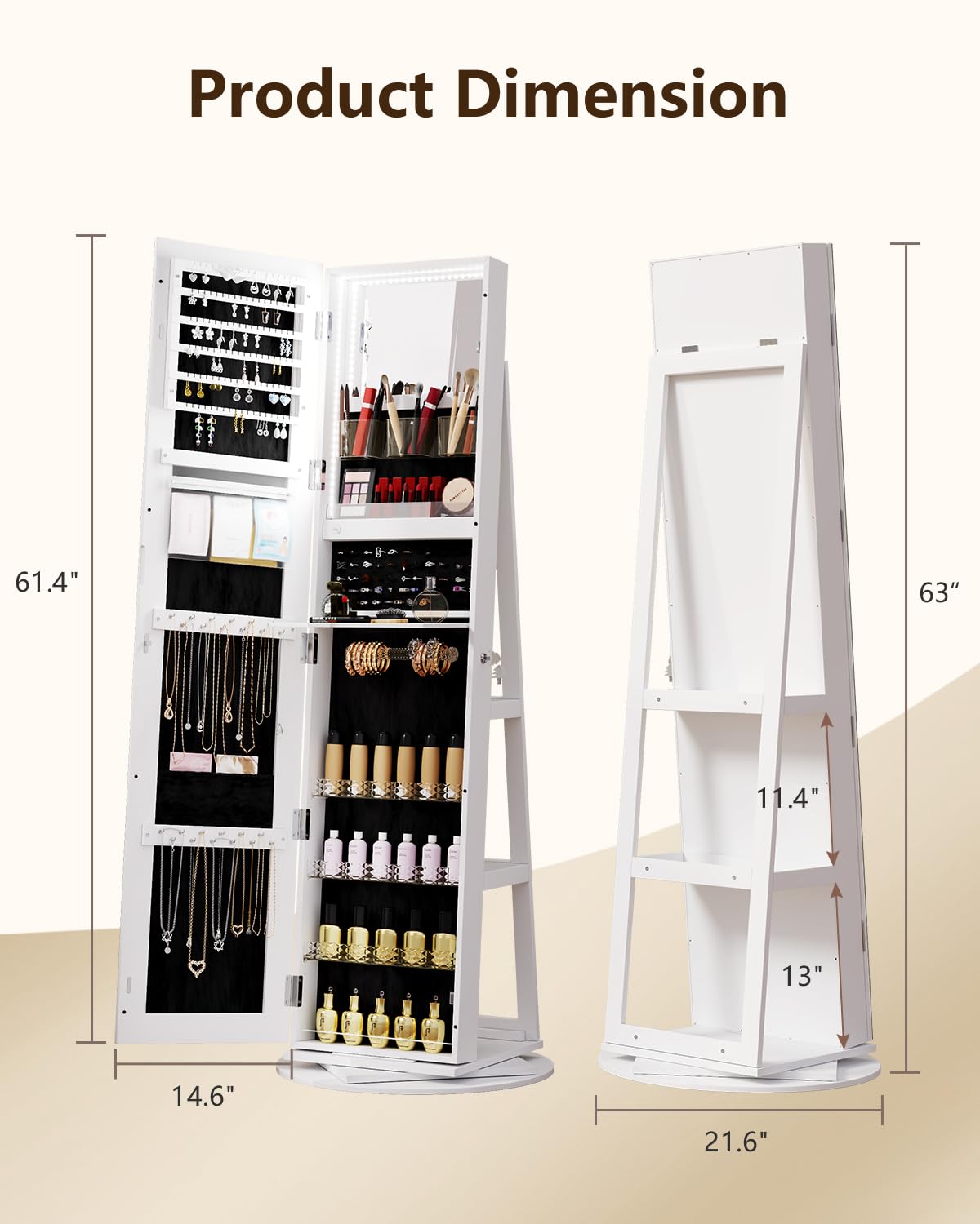 360° Rotating Jewelry Armoire with LED Lights & Full Length Mirror - 63