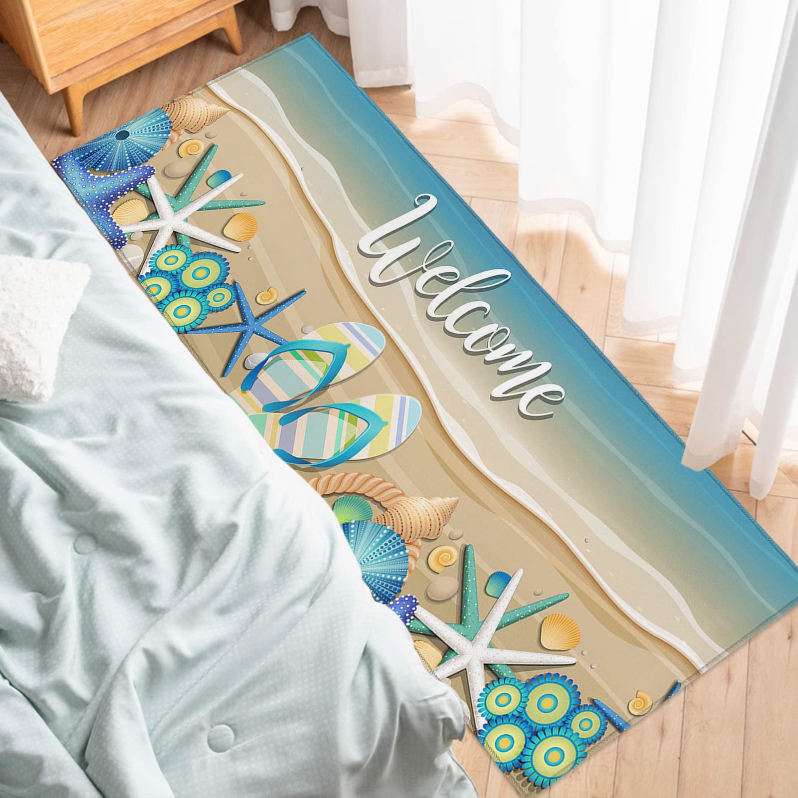 Soft Non-Slip Absorbent Indoor Doormat - 16x47 Inch Welcome Summer Beach Design with Starfish, Shell & Slippers - TPR Backing Entrance Rug for Front/Back Door - Perfect for Home, Apartment, Office & Vacation Rental Floor Protection