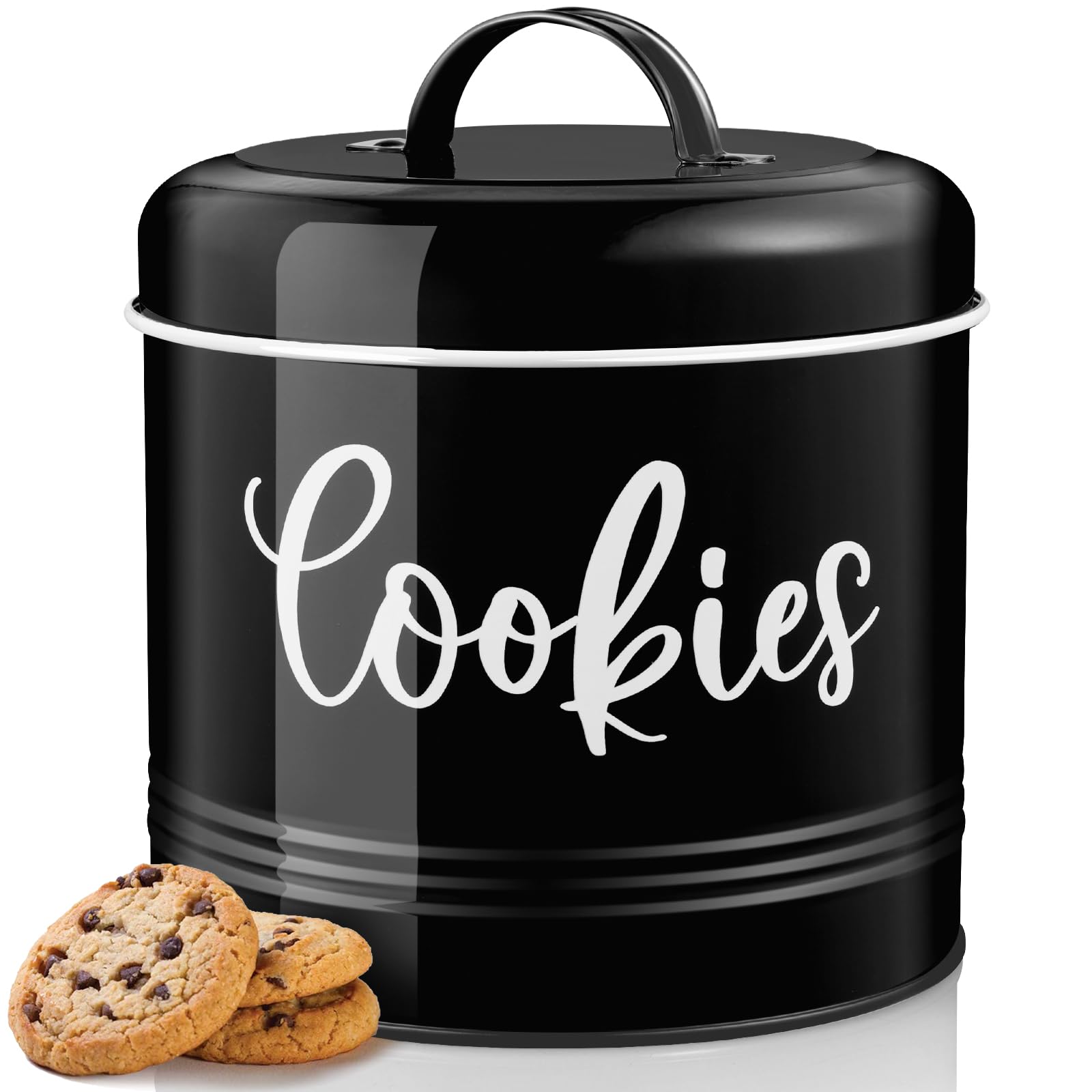 Vintage Farmhouse Cookie Jar with Airtight Lid - 1 Gallon Large Kitchen Food Storage Container for Cookies, Candy, Desserts - Black Countertop Decor for Rustic Kitchens, Bakeries & Coffee Shops