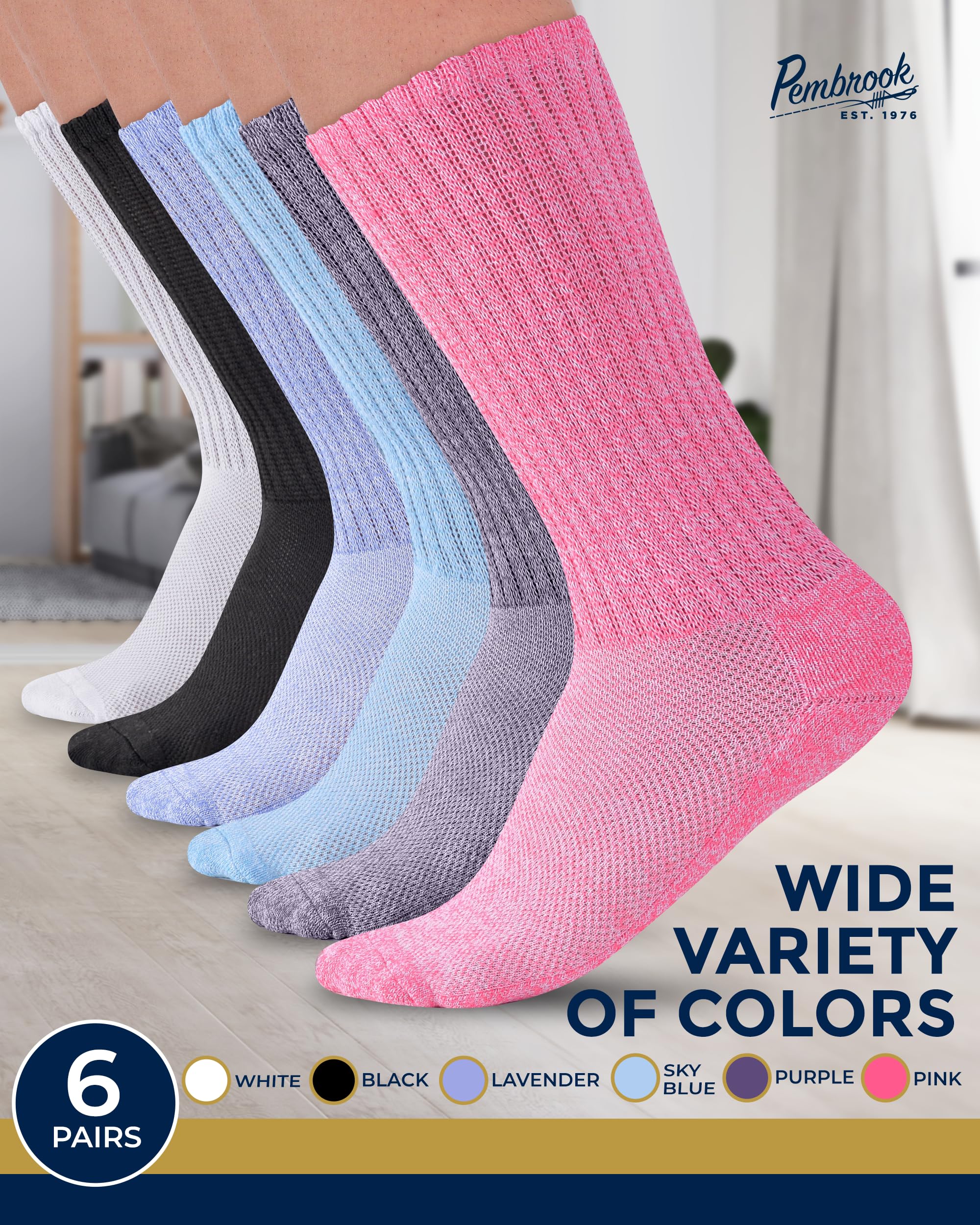 Pembrook Diabetic Socks for Men & Women - Non-Binding Compression Socks for Neuropathy Relief (Pink, Purple, Blue, White, Black, Lavender) - Ideal for Daily Wear, Diabetes Management & Circulation Support