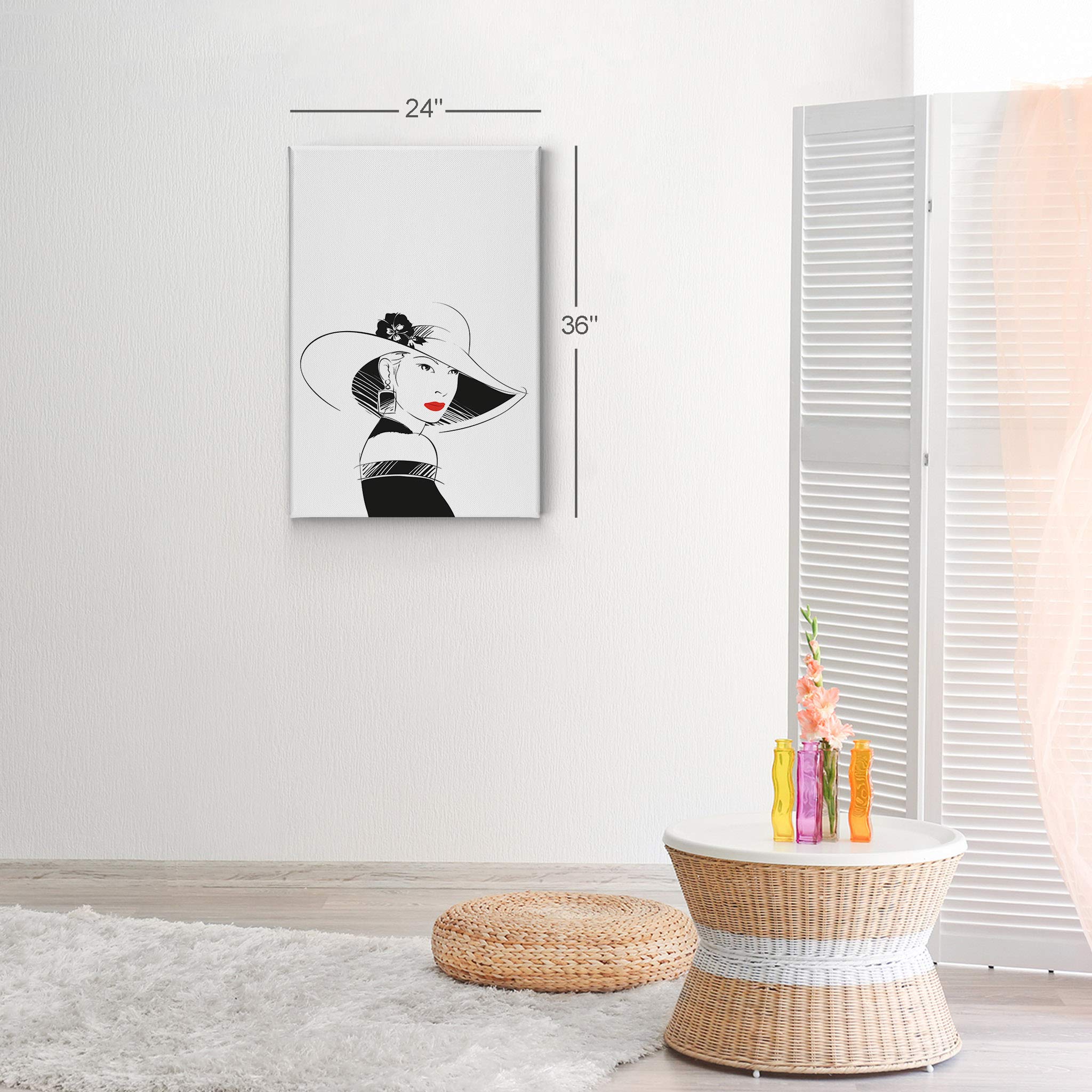 Black and White Glam Fashion Canvas Print - Woman with Hat & Red Lips Wall Art for Office, Bathroom, Teen Girls Room, Women Dorm, Bedroom & Living Room Decor - Ready to Hang 36x24 - Perfect for Modern Home & Office Aesthetic