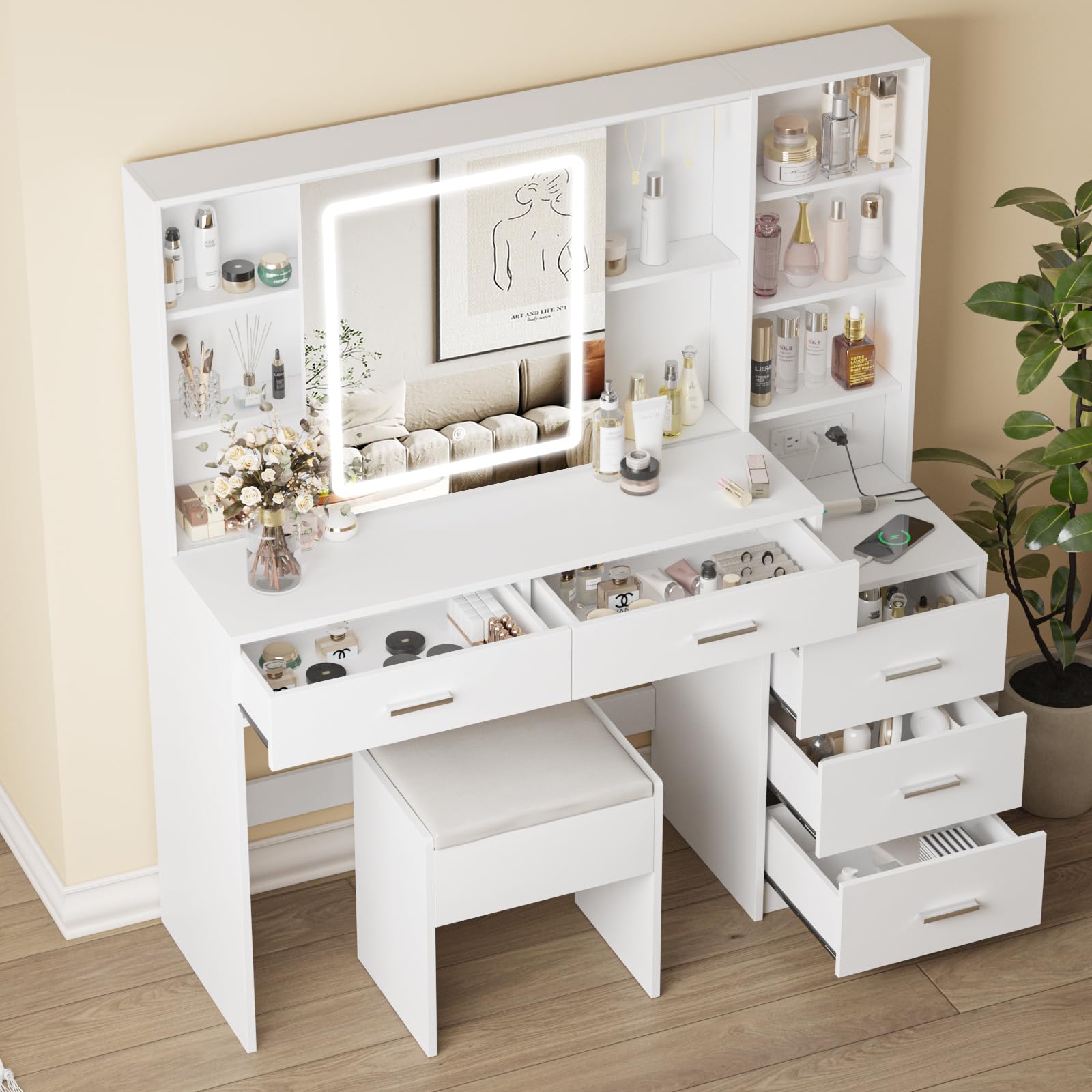 Fameill Makeup Vanity Desk with Sliding Mirror & 3-Color LED Lights, Vanity Table Set with Chair, 5 Drawers & Hooks, USB Charging Station - Perfect for Bedroom, Dressing Room & Home Salon (White)