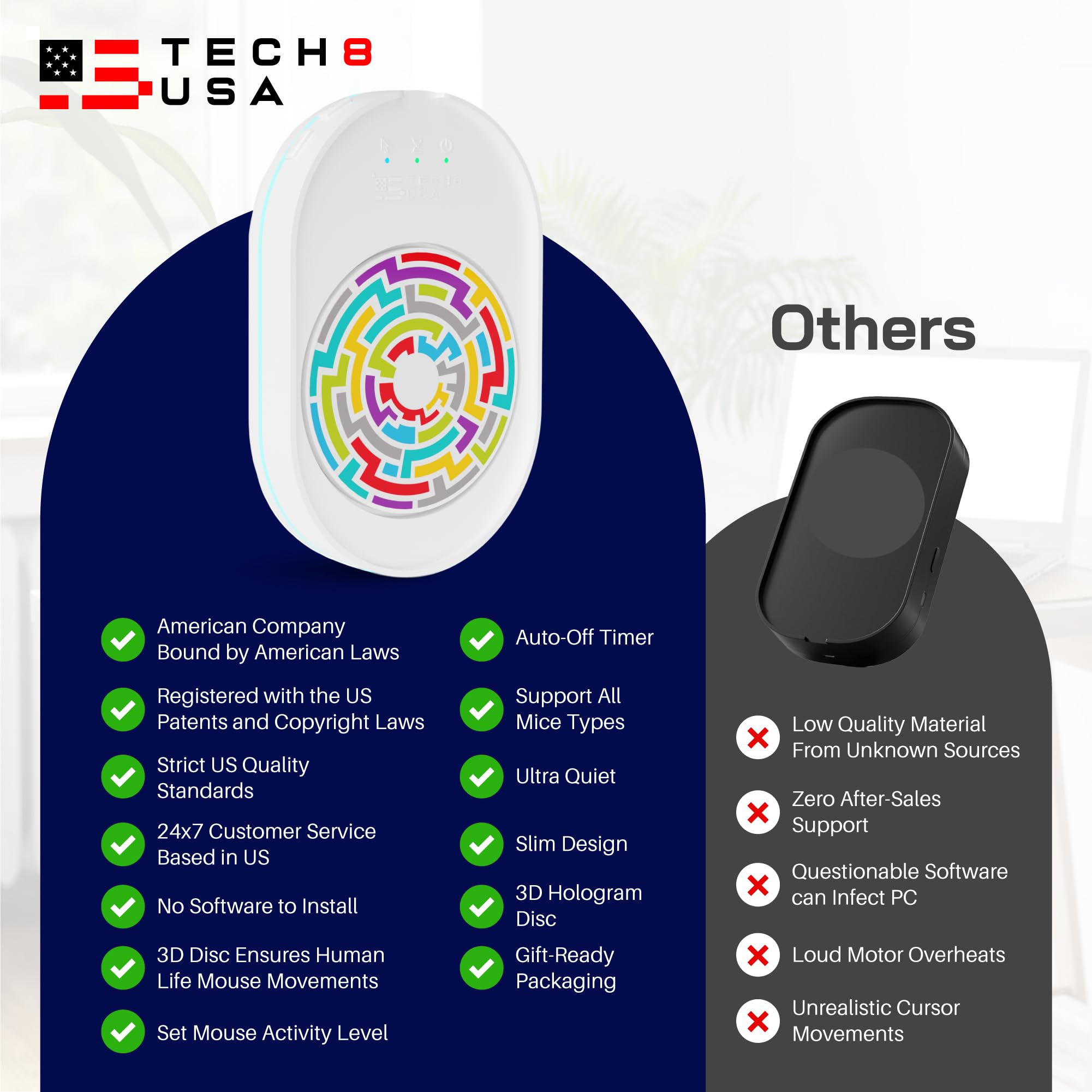 Tech8 USA Mouse Mover Device - Undetectable Mouse Jiggler for Laptops & PC, No Software Needed, Random Movement Technology, Patented Design (Made in USA) - Perfect for Remote Work, Online Meetings & Keeping Computer Active - 3D Hologram Glass Edition