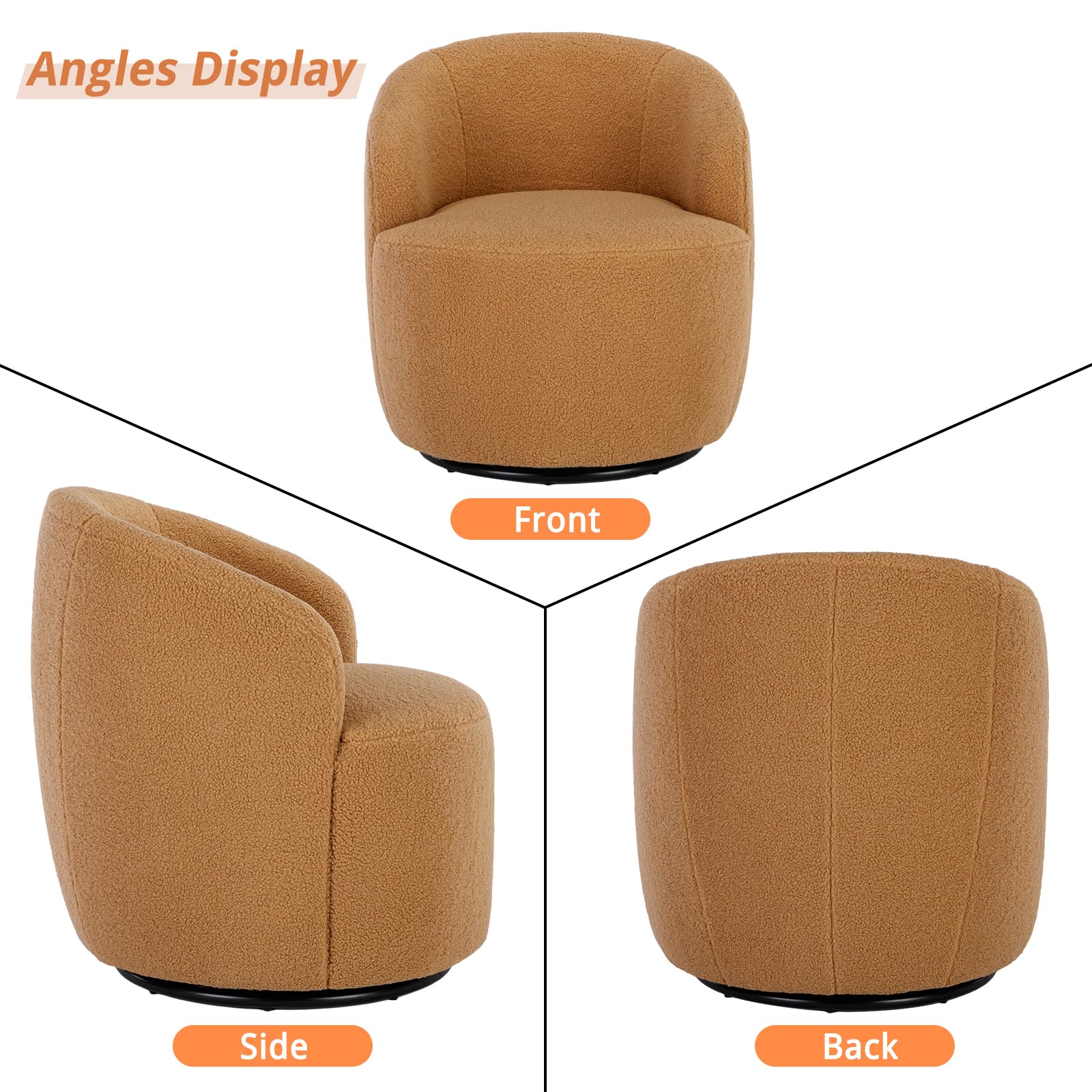 KIVENJAJA 360 Degree Swivel Barrel Chair - Modern Round Accent Armchair with Teddy Sherpa Upholstery, Small Single Sofa Chair for Nursery, Living Room, Bedroom - Cozy Seating for Reading Nooks, Home Offices & Lounge Areas (Teddy, Camel)