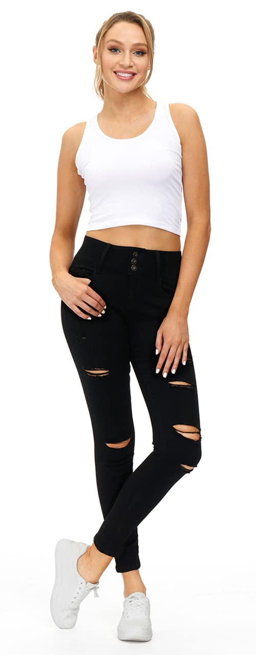 Women's High Waisted Butt Lifting Stretch Skinny Jeans - Ripped Distressed Denim Pants with Button Fly for Juniors | Perfect for Casual Outfits, Date Nights & Streetwear Fashion