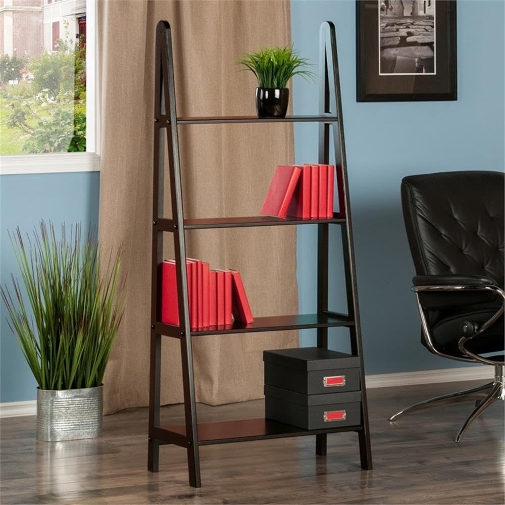 Pemberly Row 4-Tier A-Frame Solid Wood Bookshelf - Espresso Finish for Living Room, Office, or Library Storage