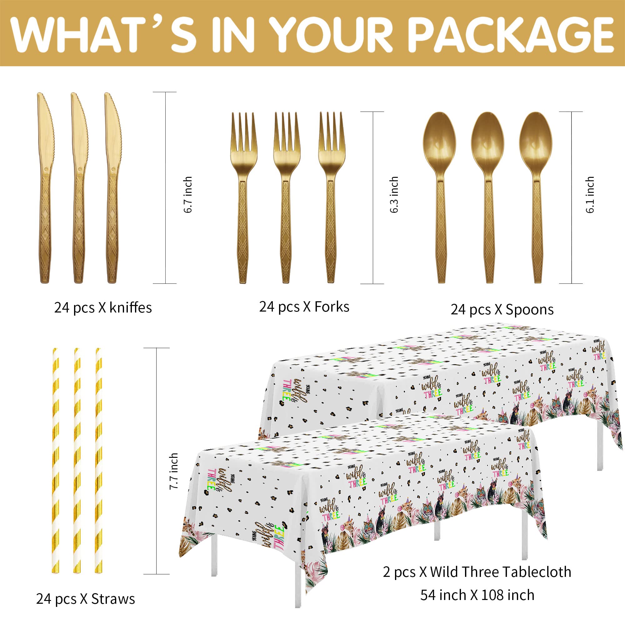 Wild Safari 3rd Birthday Party Supplies Set - 24-Piece Dinnerware Kit with Plates, Cups, Napkins, Tablecloth, Cutlery & Straws for Jungle Animal Themed Decorations | Perfect for Kids' Birthday Parties, Baby Showers & Themed Events