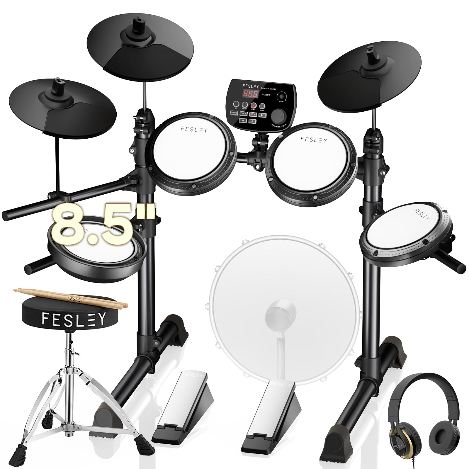 Fesley FED150W Electric Drum Set - 200 Sounds, 4 Quiet Mesh Pads, Dual Zone Snare, 2 Choke Cymbals | Portable Electronic Drum Kit for Beginners with Bluetooth, MIDI, Throne, Headphones & Sticks | Perfect for Home Practice, Studio Recording & Live Performances