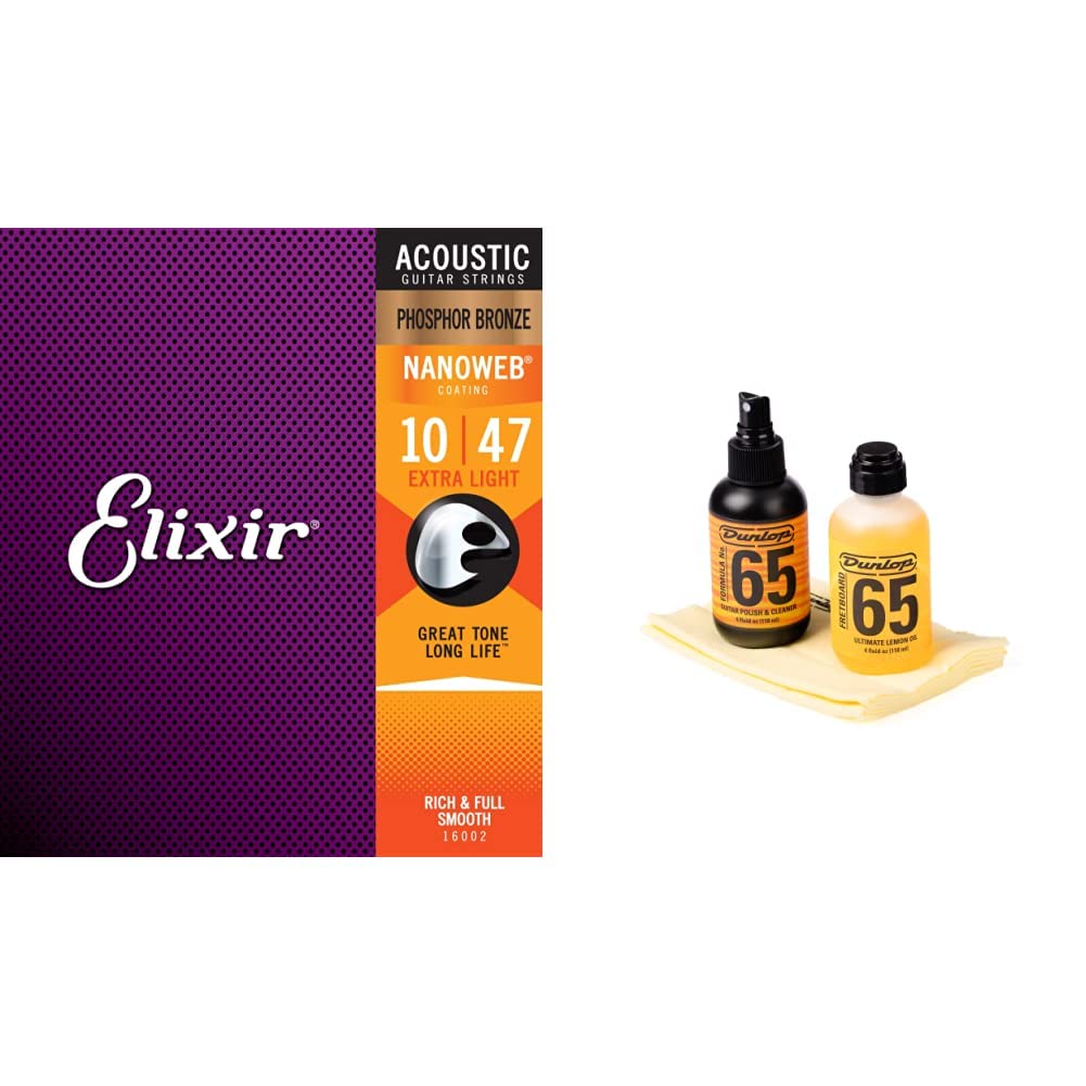 Elixir Phosphor Bronze Acoustic Guitar Strings with NANOWEB Coating - Extra Light (.010-.047) & Jim Dunlop Guitar Cleaning Kit (6503) - Perfect for Travel, Practice & Stage Performance