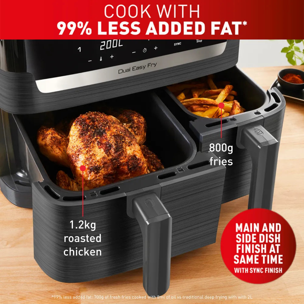 Tefal Dual Easy Fry Essential XXL Air Fryer EY901H - 5.2L Large Capacity, 2000W, Oil-Free Healthy Cooking for Family, Perfect for Fries, Chicken, and Vegetables