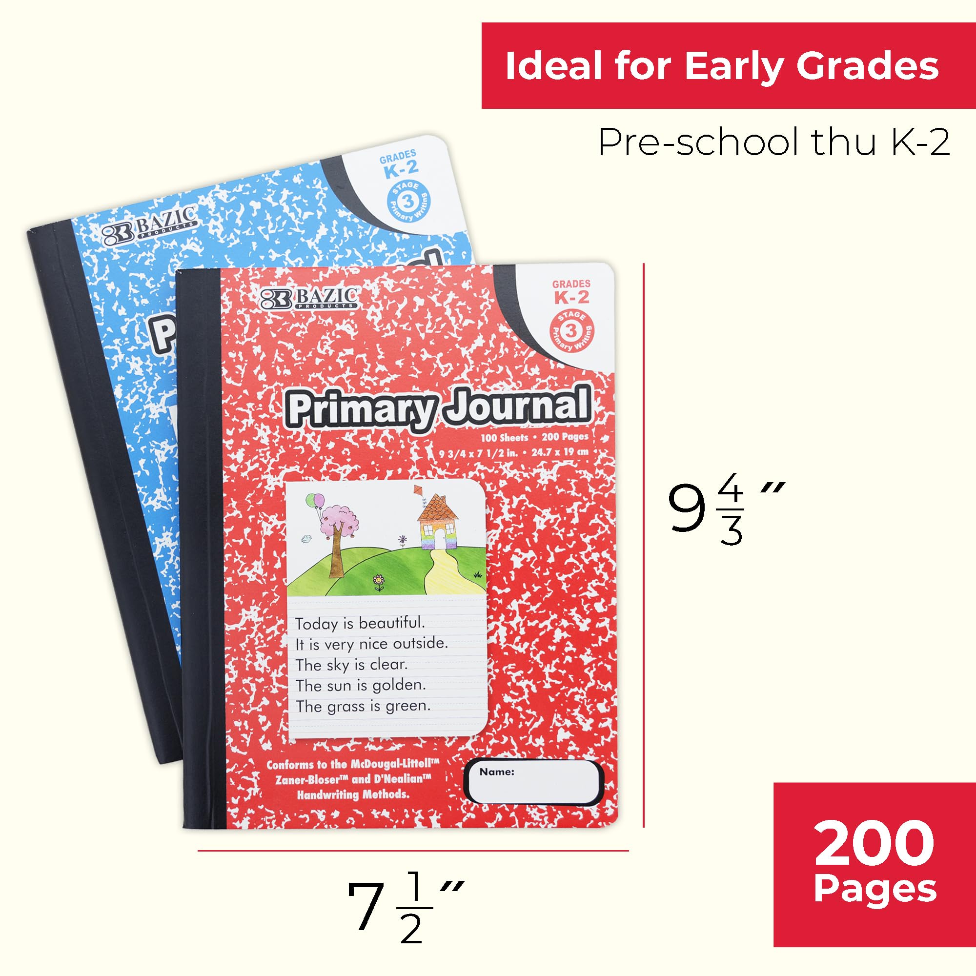 BAZIC Primary Journal Composition Notebook - 100 Sheets for Drawing & Writing, Grades K-2, Marble Cover, 48-Pack | Perfect for Kindergarten Classroom, Homeschooling & Creative Learning Activities