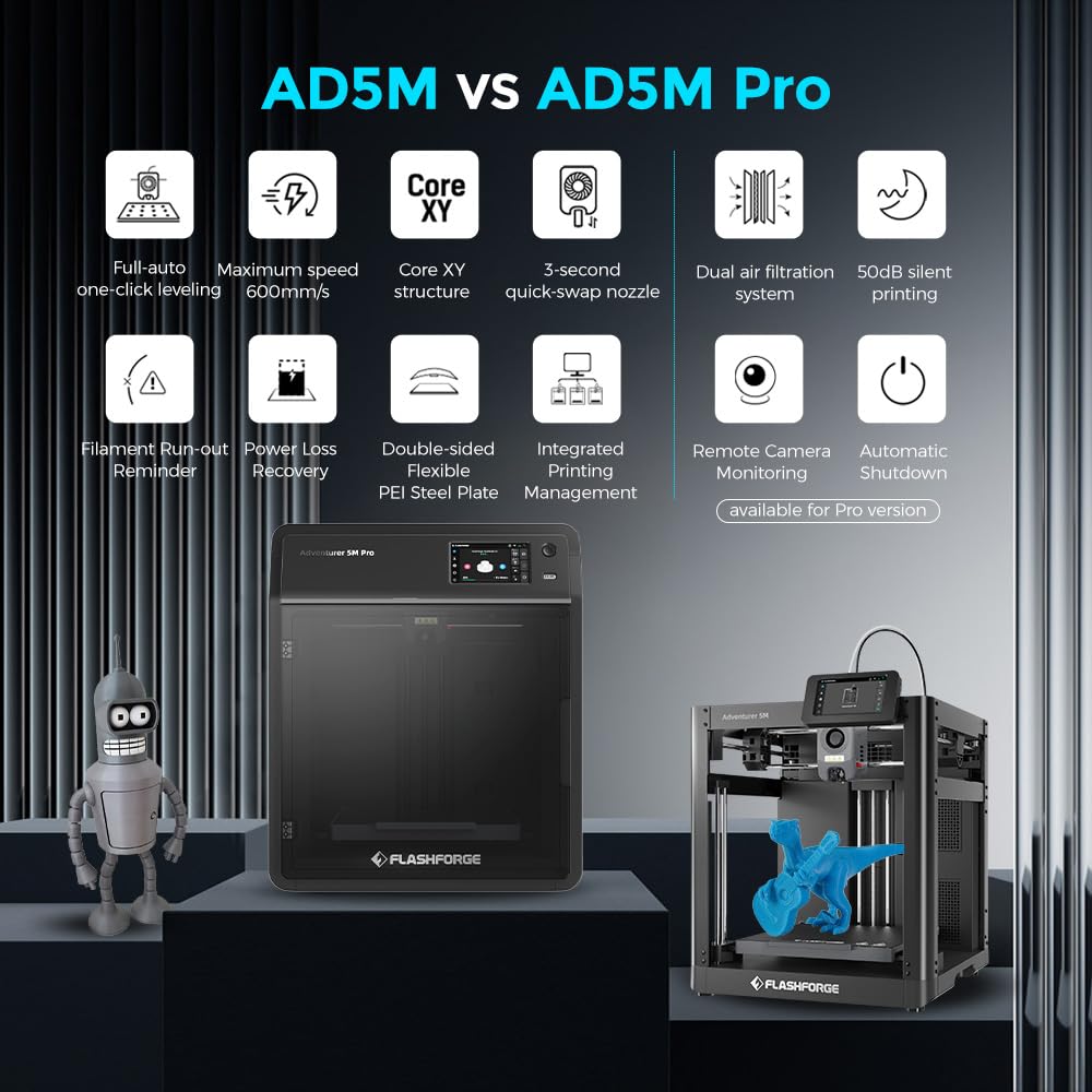 FLASHFORGE Adventurer 5M 3D Printer - Auto Leveling FDM 3D Printer with 600mm/s High Speed, Quick Detachable 280°C Nozzle, Vibration Compensation, 220x220x220mm Build Volume - Perfect for Home, Office & Educational 3D Printing Projects
