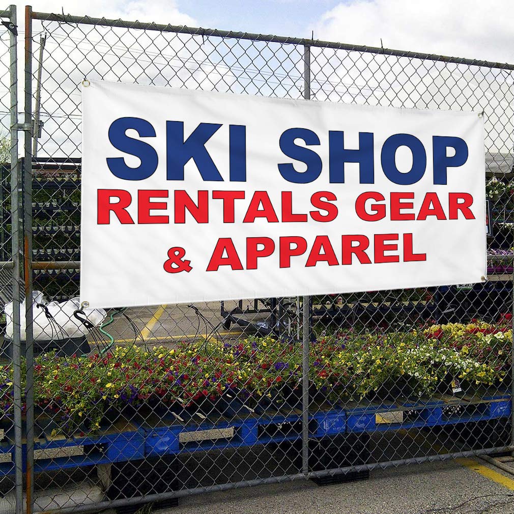 Durable 60x144 Inches Vinyl Banner with 10 Grommets - Weatherproof Outdoor Sign for Ski Shop Rentals, Gear & Apparel (Blue/Red) - Perfect for Business, Industrial & Yard Use