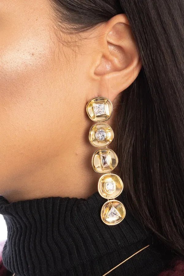 Gold Plated Disc Drop Stone Earrings for Women - Elegant Dangle Jewelry for Party, Wedding & Evening Outfits