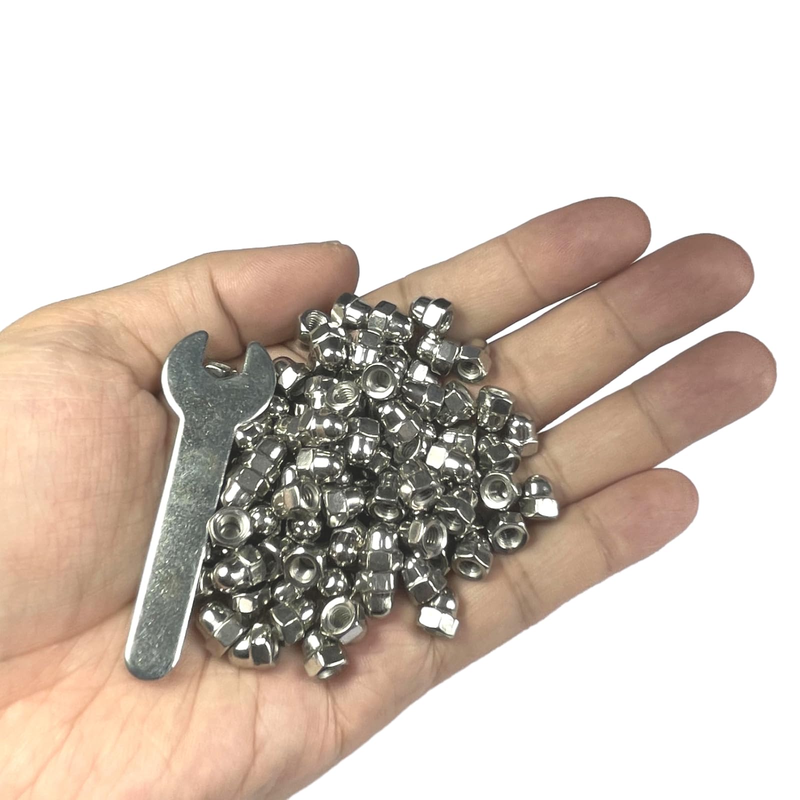 100pcs M4-0.7 Acorn Cap Nuts, 304 Stainless Steel Dome Head Hex Nuts with Bright Finish - 18-8 Grade Hardware Fasteners for Furniture, Automotive & DIY Projects - Includes Open End Wrench for Easy Installation