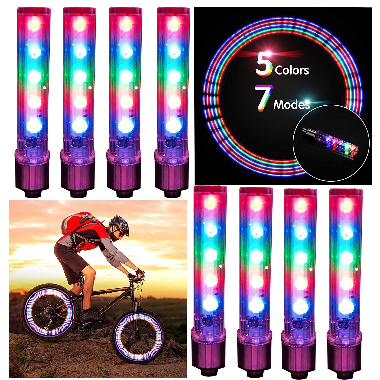 8 Pack 5 LED Bike Tire Wheel Valve Lights - Flashing Bicycle Wheel Cap Lights for Night Cycling Safety, Waterproof Spoke Lights for Road/Mountain Bikes - Perfect for Commuting, Night Rides & Cycling Events