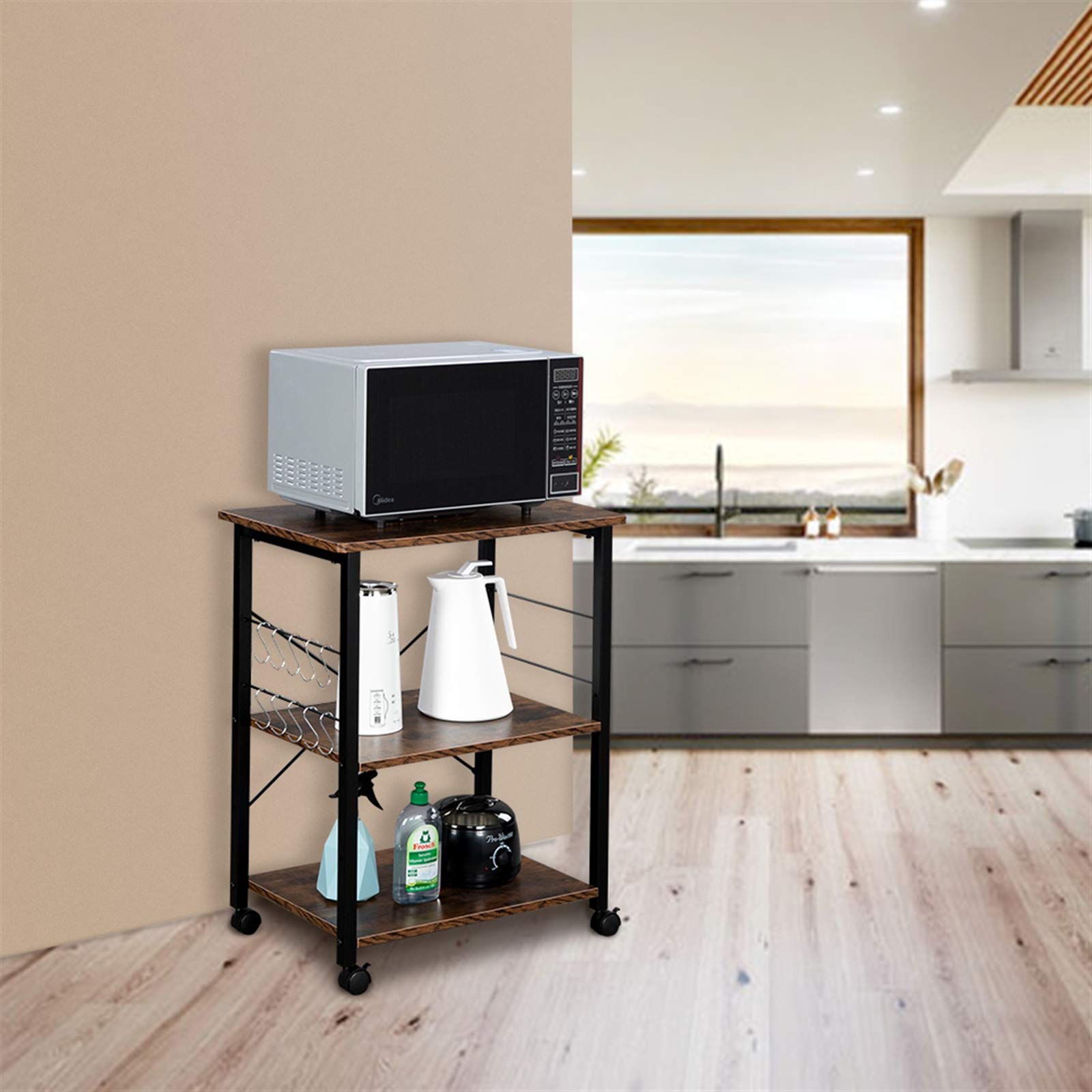3-Tier Vintage Baker's Rack - Black Metal Frame Kitchen Utility Cart with Wooden Top | Microwave Stand, Spice Storage Shelf | Perfect for Home, Restaurant & Hotel Kitchens | Space-Saving Organization Solution