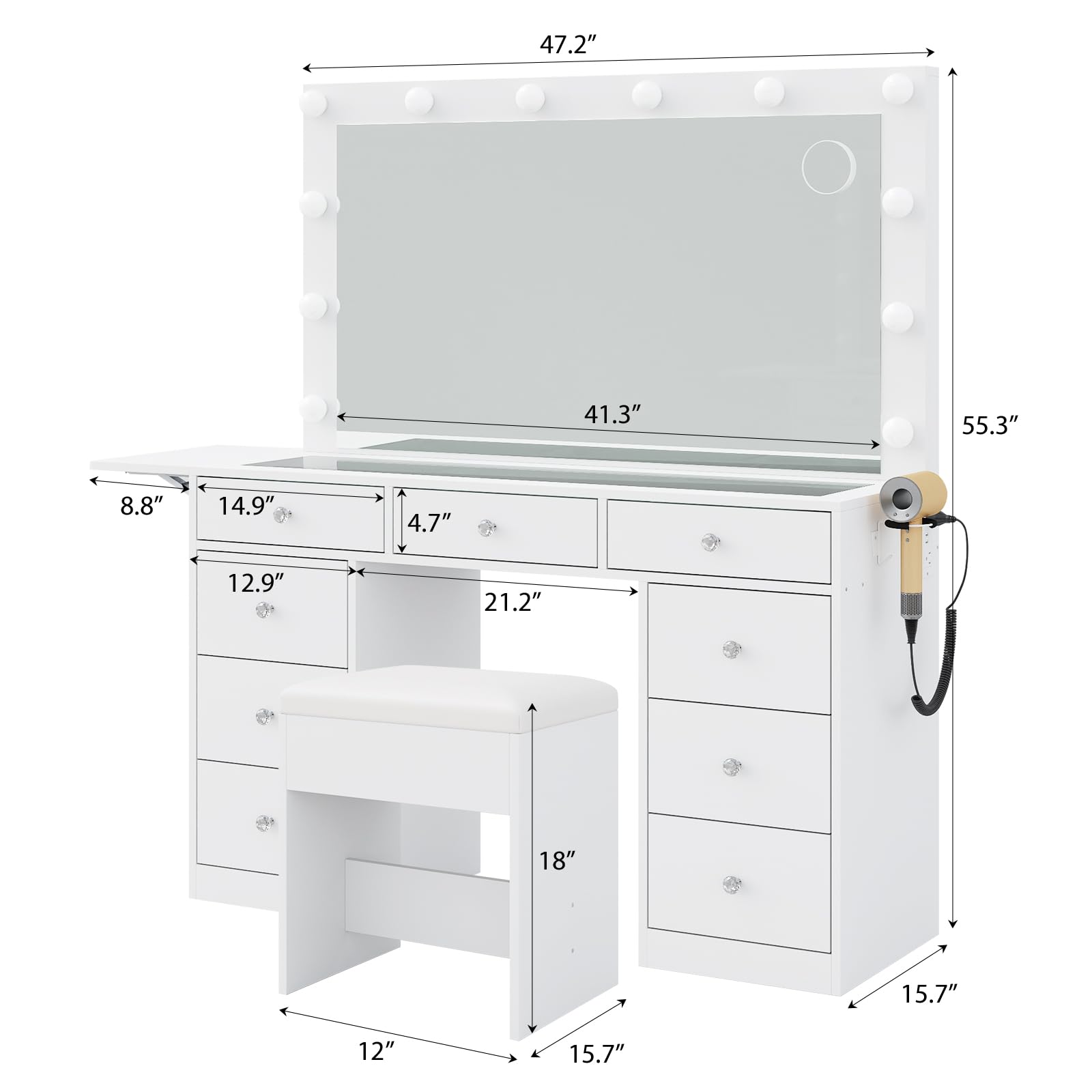 Vanity Desk with Power Outlet & LED Lights - Makeup Vanity Set with Mirror, 9 Drawers & Fold-up Panel - 3 Adjustable Lighting Modes (White) | Perfect for Bedroom, Dressing Room & Beauty Salon