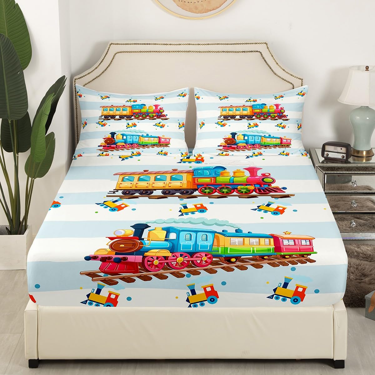 Feelyou Cartoon Train Fitted Sheet Set - Ultra Soft Boys Car & Vehicle Print Bedding for Kids & Teens - Queen Size Bed Cover with Cute Train Design - Perfect for Kids' Room Decor, Birthday Gifts & Themed Bedrooms