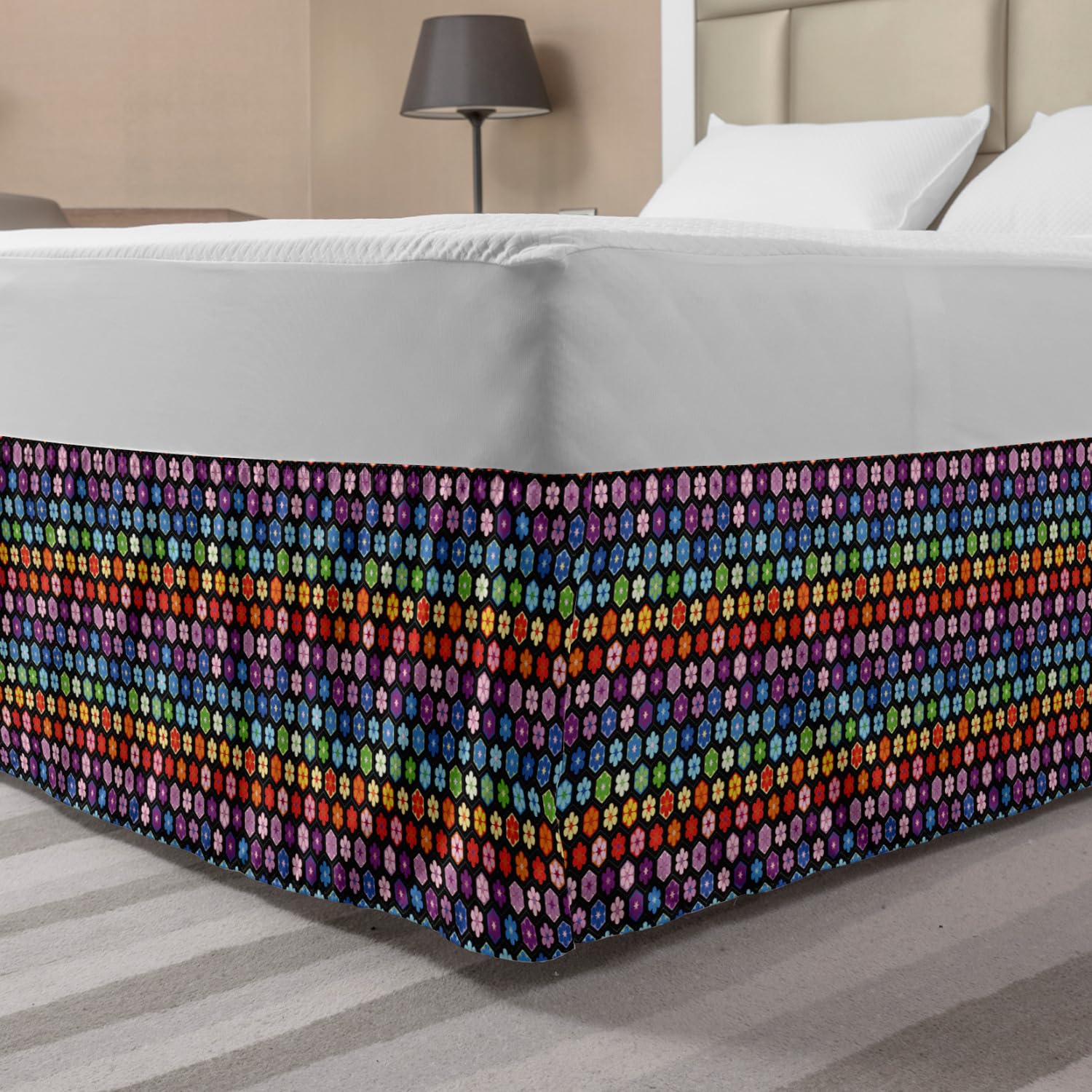 Ambesonne Floral Bed Skirt - Vibrant Daisy Blossom Hexagonal Pattern Elastic Wrap Around Bedroom Decor for King Size Beds | Perfect for Home Styling, Guest Rooms & Master Bedroom Makeovers