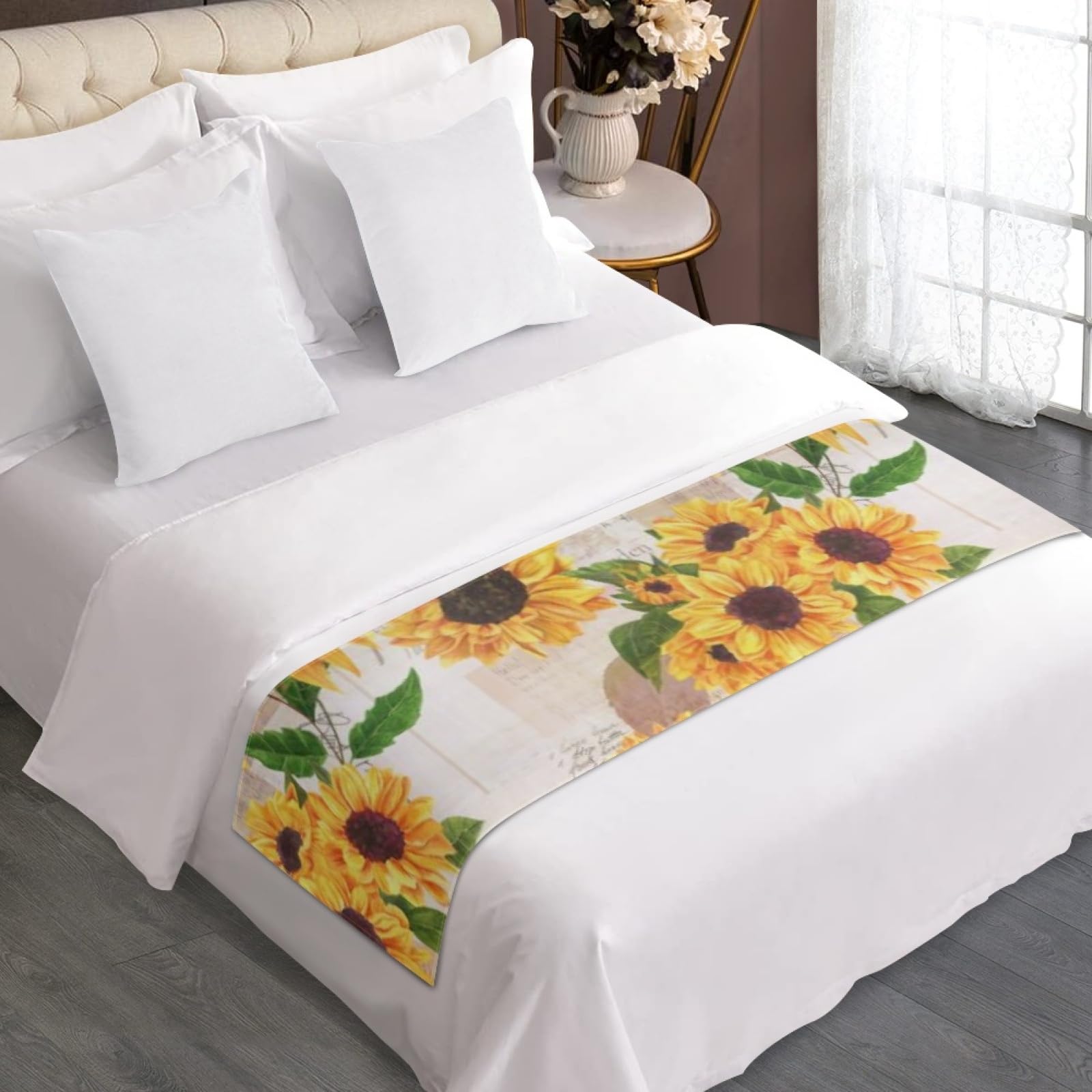 Vintage Sunflower Print Bed Scarf - Queen Size Floral Bed Runner, Western Style Decorative Throw Blanket for Foot of Bed - Perfect for Boho Bedroom Decor, Farmhouse Style Home, and Girls' Room Aesthetic
