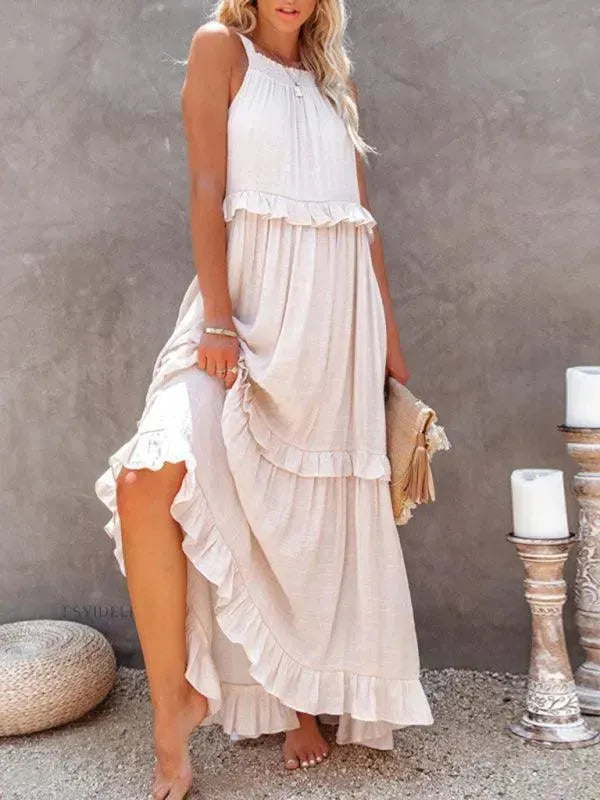 Elegant Sleeveless Ruffle Maxi Dress for Women - Summer Beach Wedding Party & Vacation Outfit