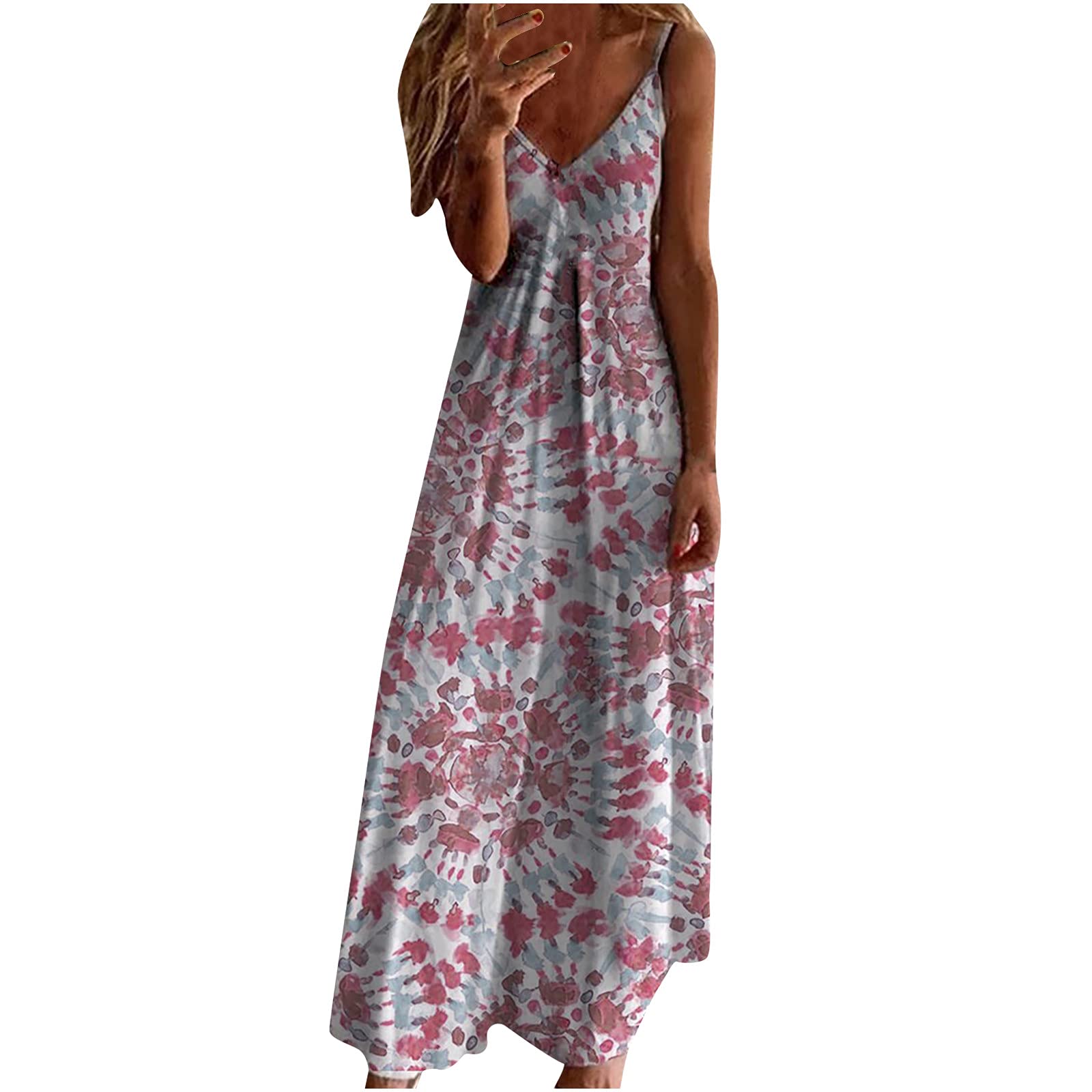 Anuyalue Women's Summer Maxi Dress 2023 - Casual Sleeveless Spaghetti Strap Boho Floral Beach Dress with Sexy V Neck | Perfect for Vacation, Pool Parties & Date Nights