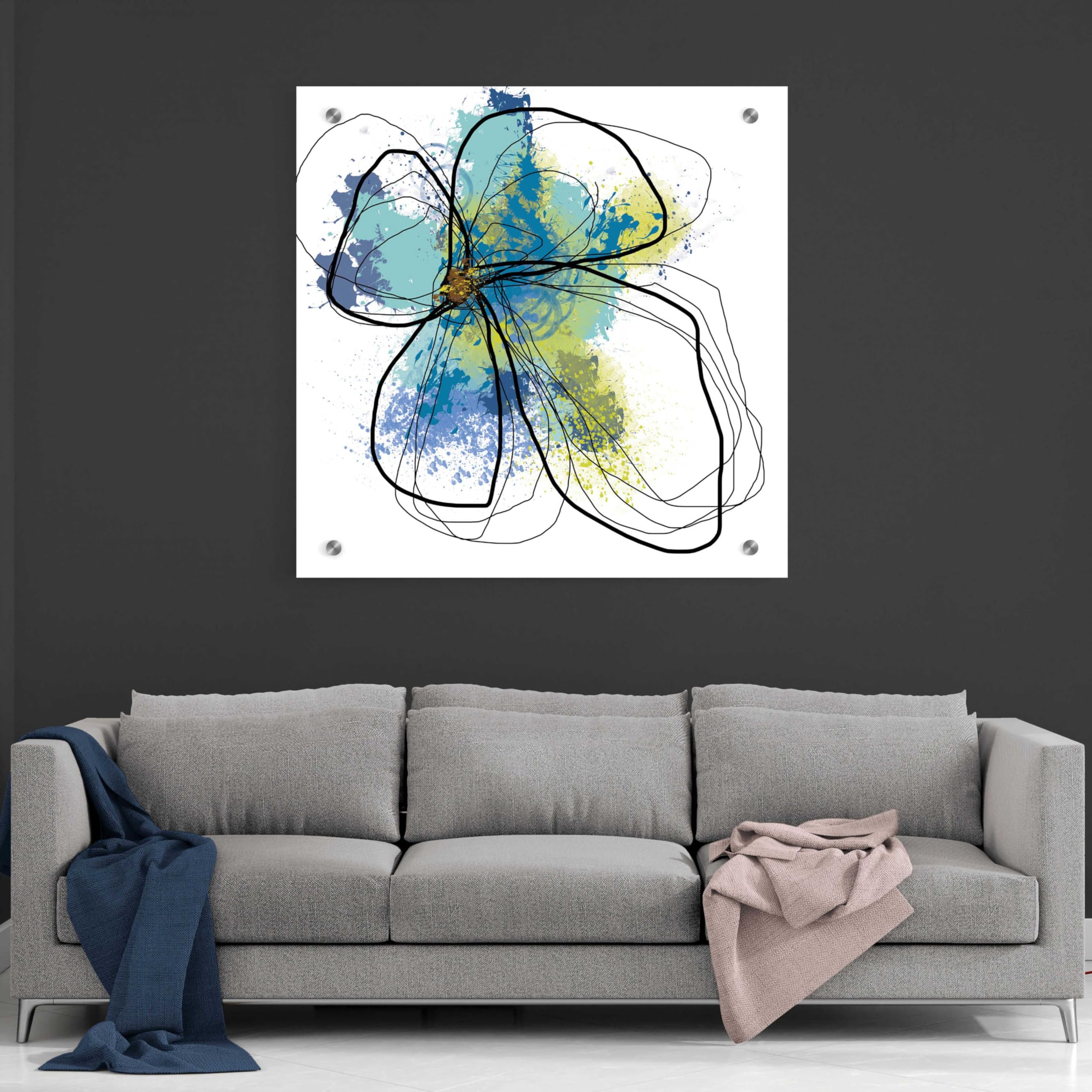 Azure Petals I Abstract Floral Painting by Jan Weiss - 36x36 Inch Acrylic Glass Wall Art for Living Room, Bedroom & Office Decor