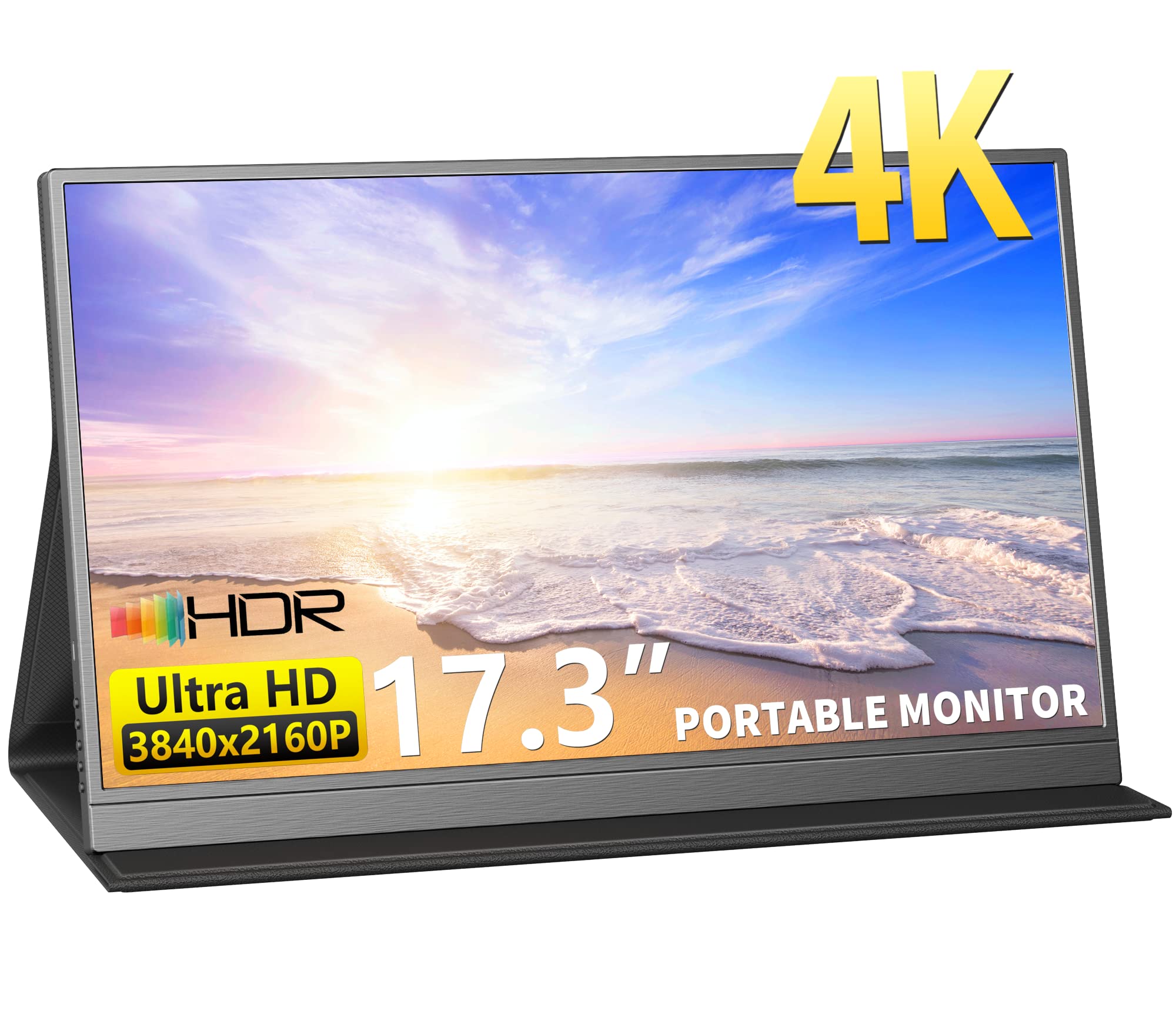 17.3 Inch 4K Portable Monitor - 3840x2160 IPS Laptop Screen with 1500:1 Contrast & 400 Nits Brightness - USB C HDMI Gaming Display with Built-in Speakers & Smart Cover - External Monitor for PC, Mac, Phone, PS5, Xbox Series X, Nintendo Switch - Perfect for Work, Travel & Gaming