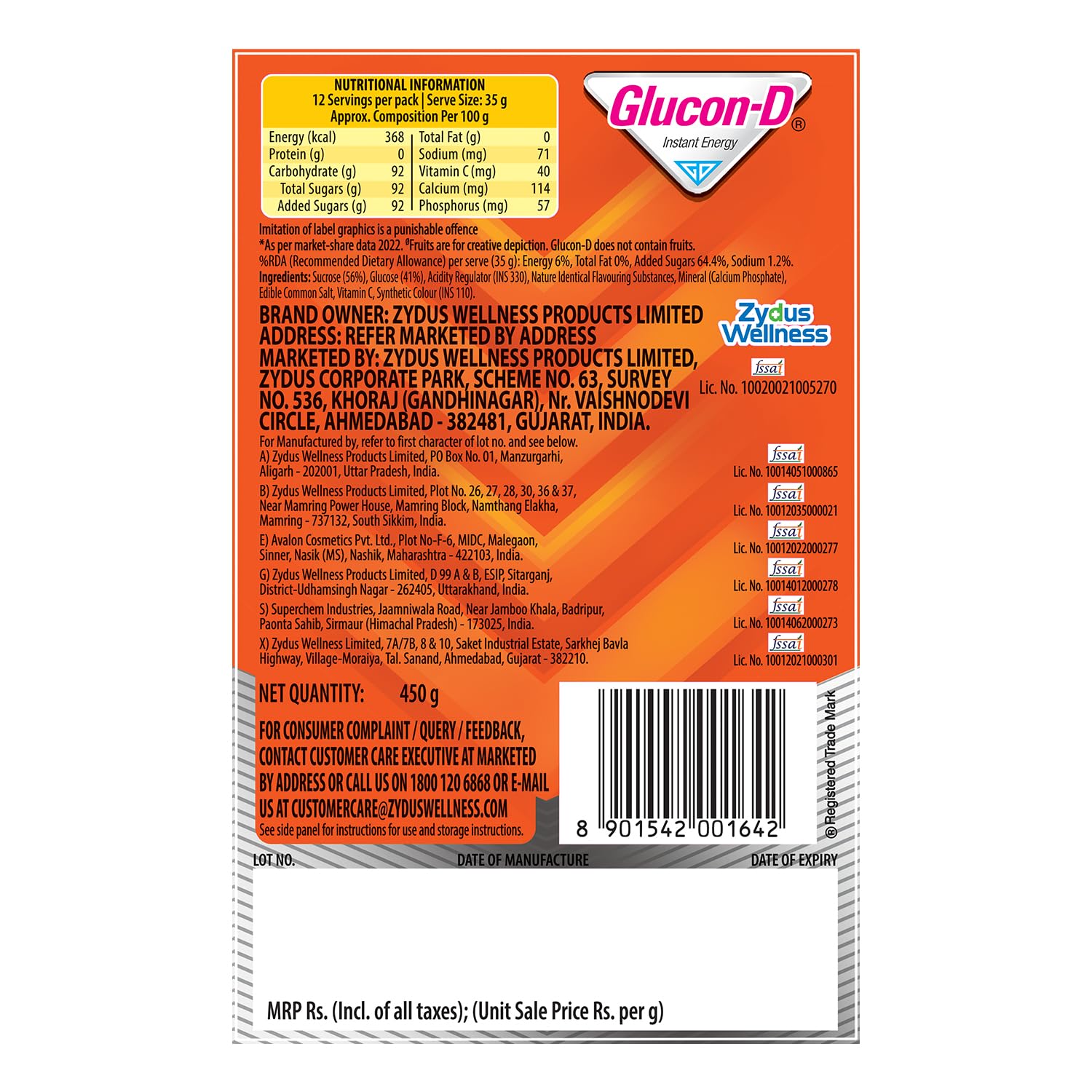Glucon-D Tangy Orange Glucose Powder 450g Refill Pack - Instant Energy Drink Mix with Vitamin C & Calcium for Immunity & Bone Health - Great for Sports, Workouts & Quick Energy Boost