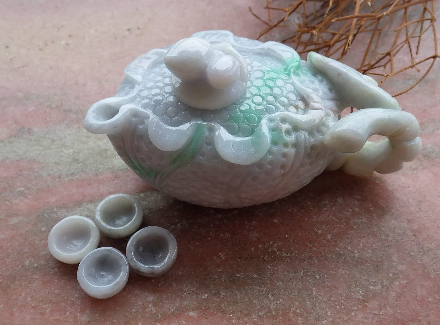Big Green Pale Lavender 100% Natural Certified Jadeite Lotus Flower Leaf Teapot Cup - Authentic Jade Display Piece for Tea Ceremony & Home Decor