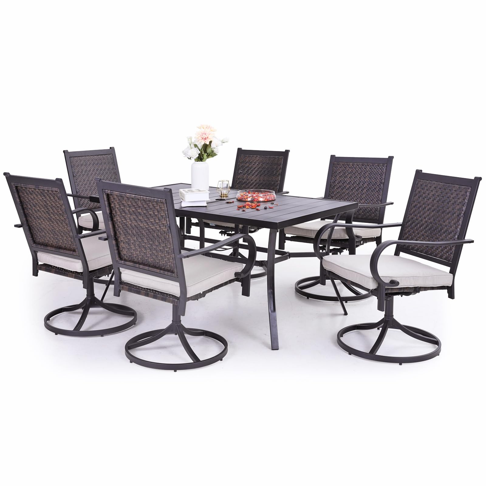 Sophia & William 7-Piece Patio Dining Set - Weather-Resistant Rattan Wicker Outdoor Furniture with 6 Chairs & 1 Metal Umbrella Table for Garden, Backyard, Lawn | Perfect for Outdoor Entertaining & Alfresco Dining