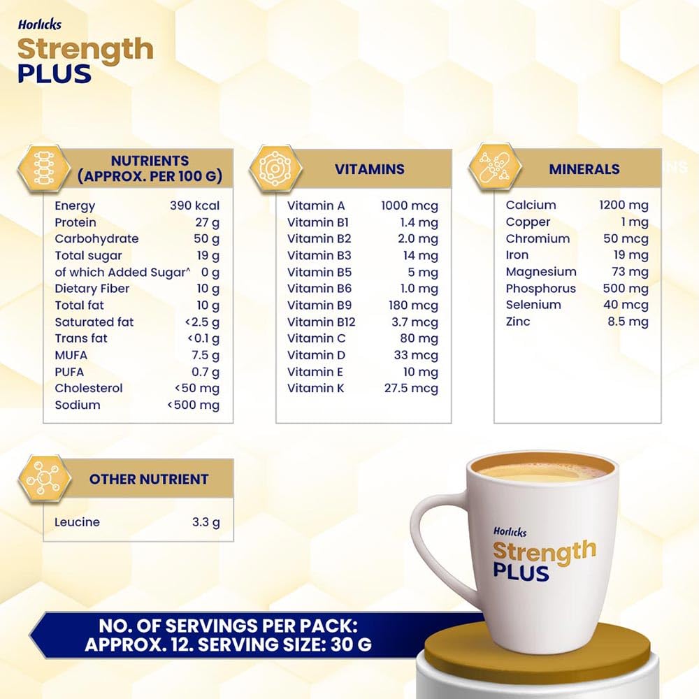 Horlicks Strength Plus Vanilla Powder - High Protein & Fiber Nutritional Supplement for Energy & Recovery, 350g (1 Count) - Ideal for Post-Workout, Illness Recovery & Daily Wellness Boost