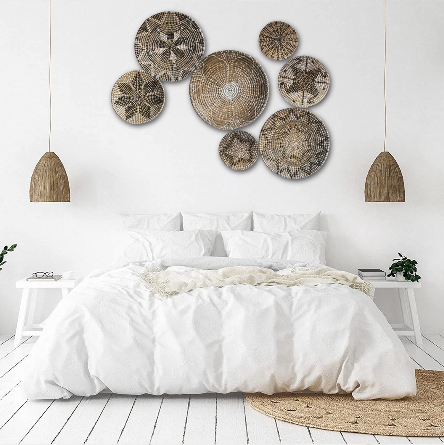 Handmade Woven Wall Baskets Set of 7 - Boho Rattan Wall Decor, Wicker Wall Art & Tray for Home Decor - Perfect Boho Gift for Mom, Housewarming, Living Room & Bedroom Decoration