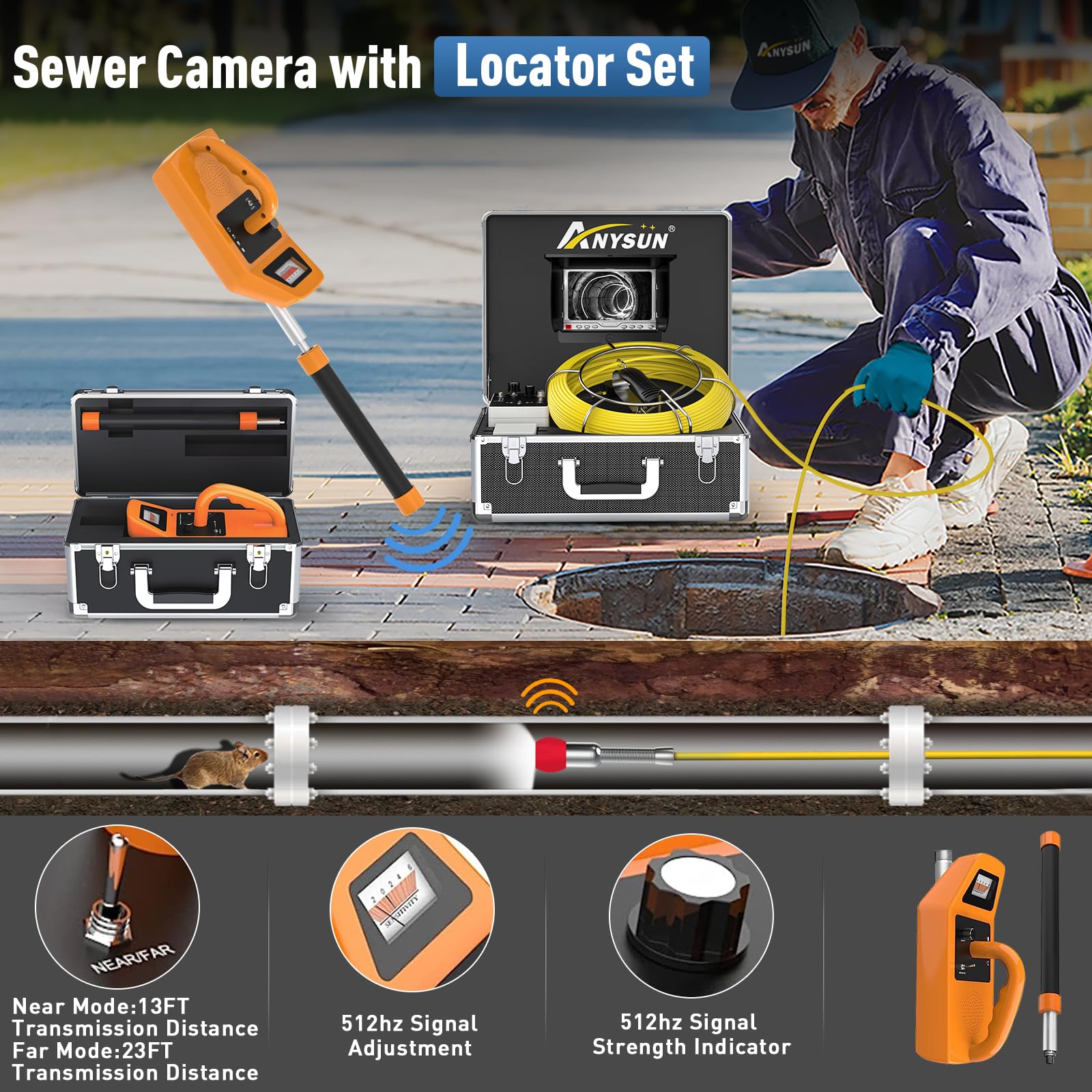 **Anysun 165FT Sewer Inspection Camera with 512Hz Locator & Receiver – 7