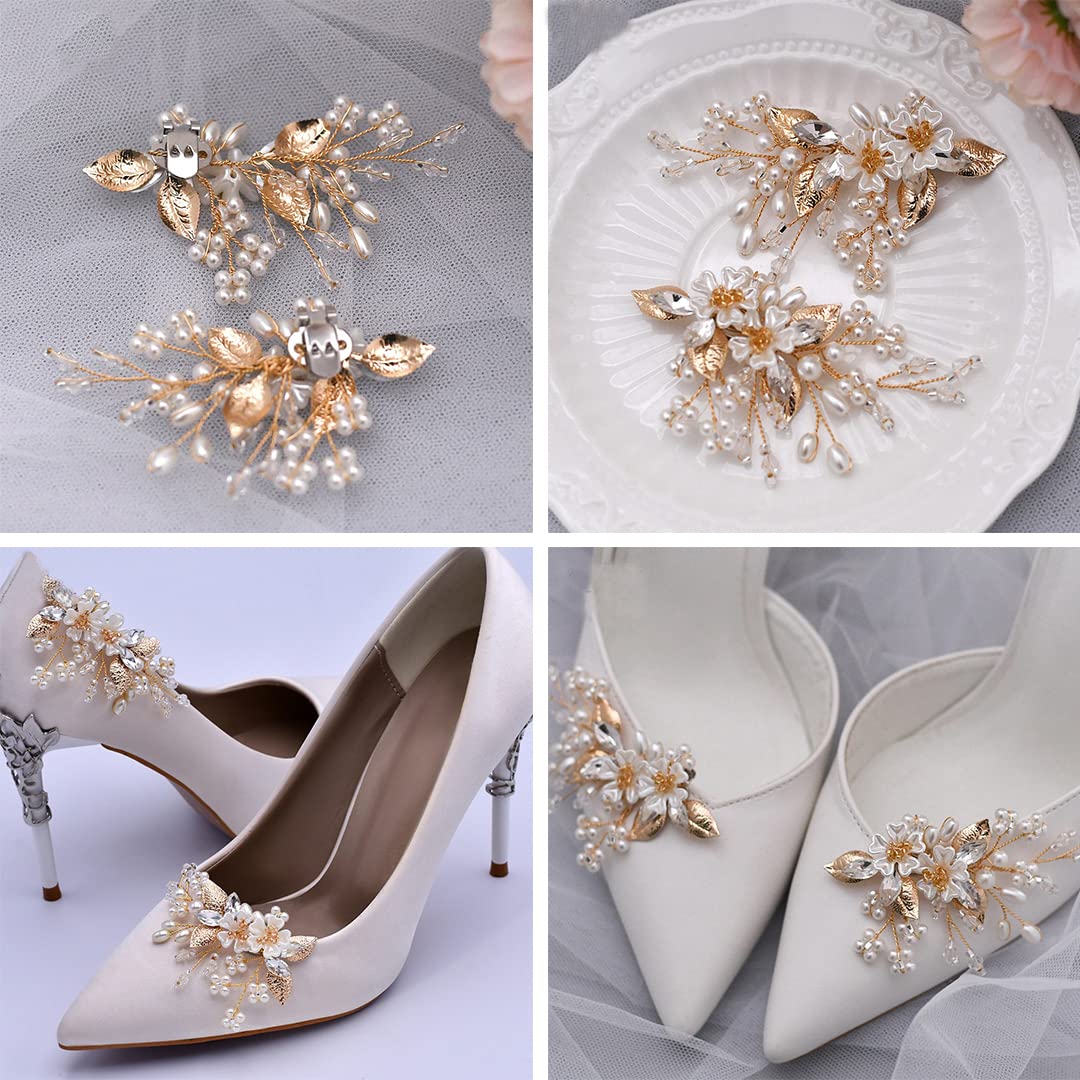 2 PCS Removable Millet Beads Flower Shoe Clips - Elegant Shoe Buckles Decor for Wedding, High Heels, Flats & Sandals - Perfect for Bridal, Prom & Special Occasions