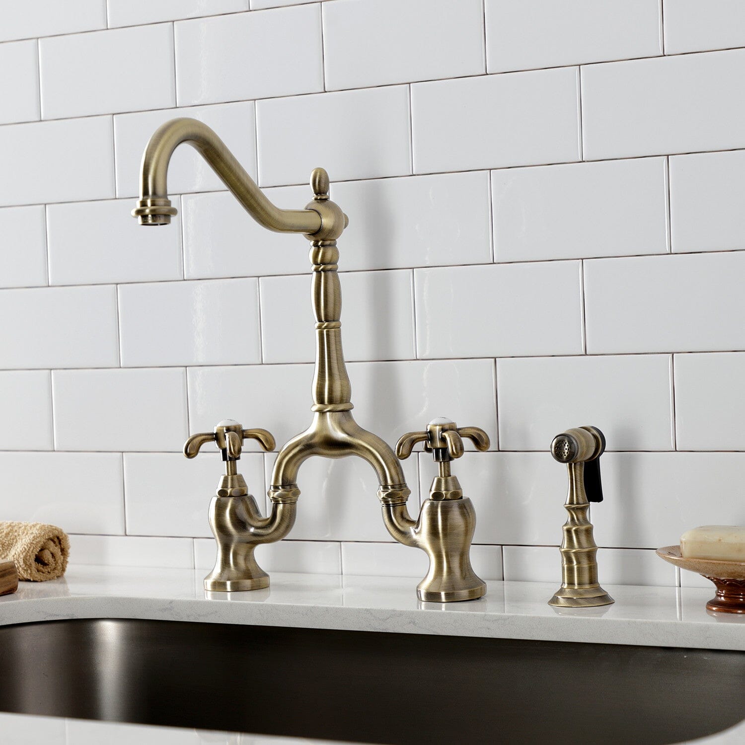 French Country Two-Handle 3-Hole Deck Mount Bridge Kitchen Faucet with Brass Side Sprayer - Perfect for Farmhouse, Cottage & Vintage Style Kitchens (Ideal for Washing Dishes, Filling Pots & Cleaning Countertops)