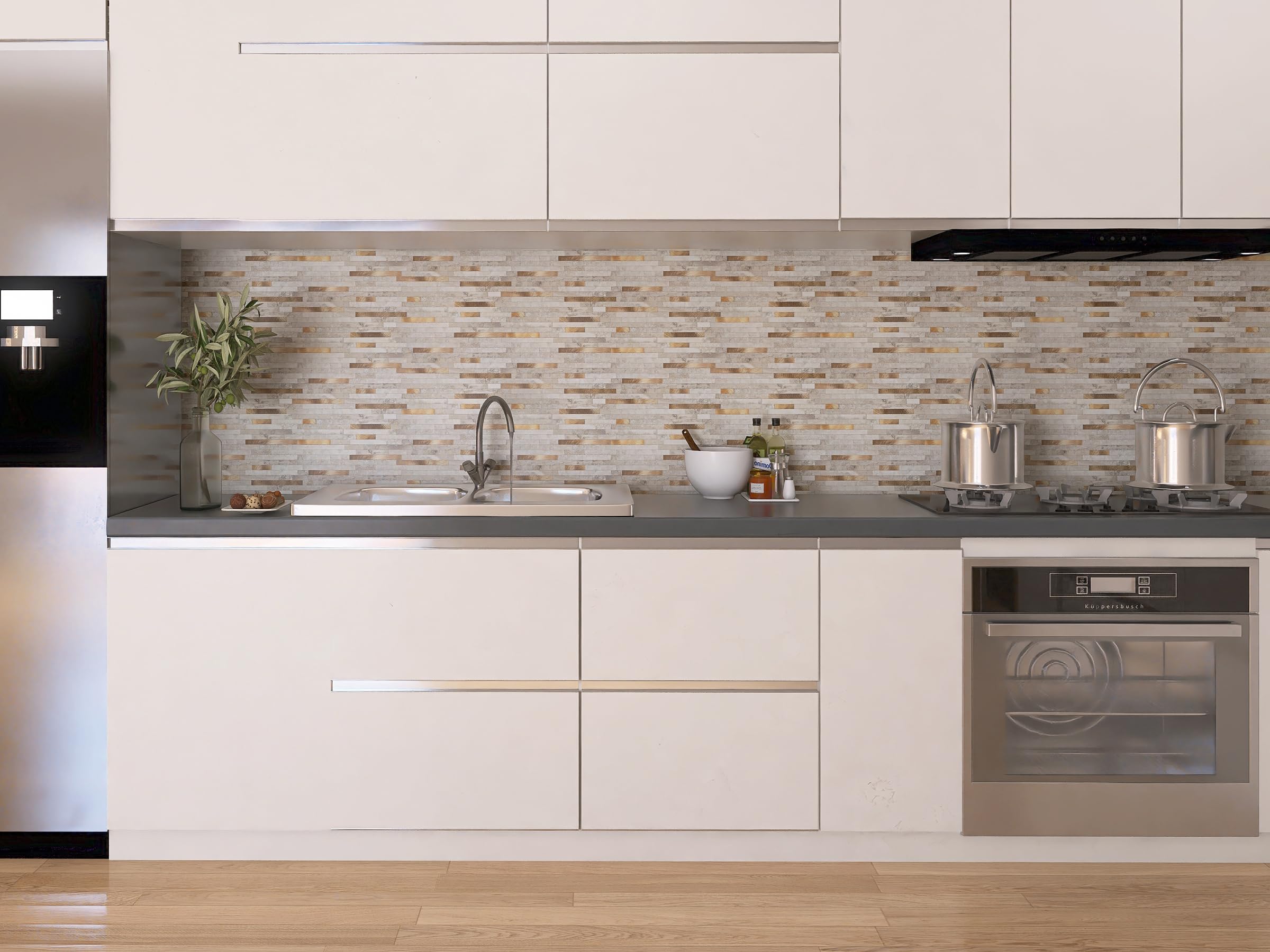 Self-Adhesive Peel and Stick Backsplash Tiles - Gold Beige Marble Subway Design for Kitchen, Bathroom, Laundry & Fireplace (10 Sheets) - Easy DIY Home Decor Upgrade for Walls & Countertops