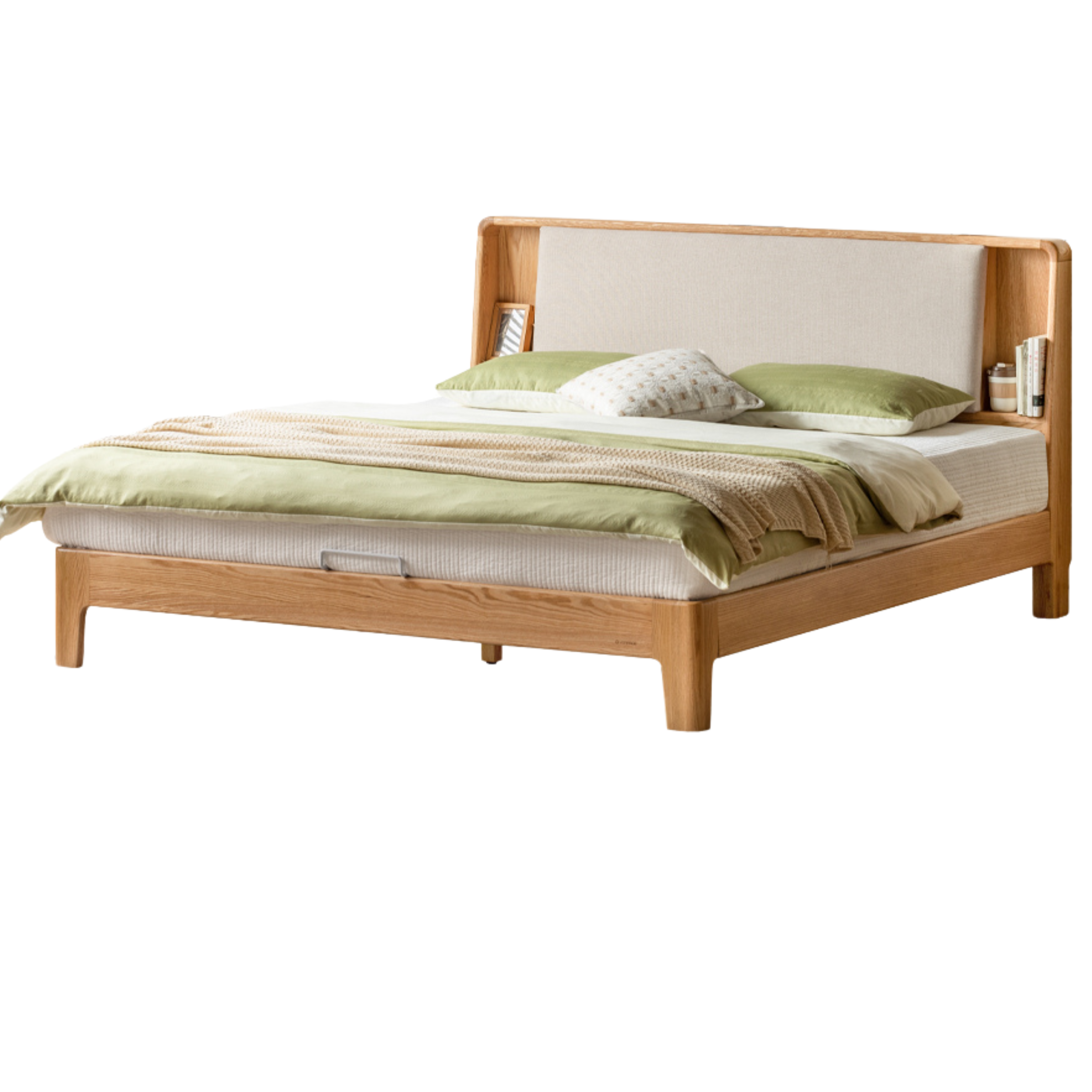 Solid Oak Wood Leather & Fabric Luminous Bed with Shelf - Modern Platform Bed Frame with Storage for Bedroom, Guest Room, or Dorm