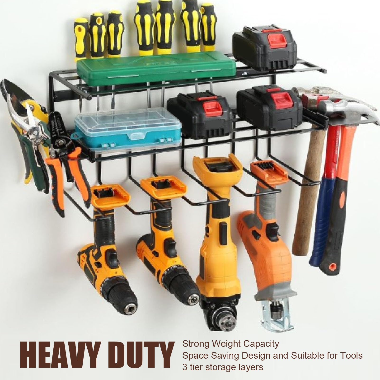 3-Tier Wall Mount Power Tool Organizer & Drill Holder - Heavy Duty Garage Storage Rack for Drills, Saws & Workshop Tools - Perfect for Garage, Workshop & Shed Organization (Space Saving Tool Storage Solution)
